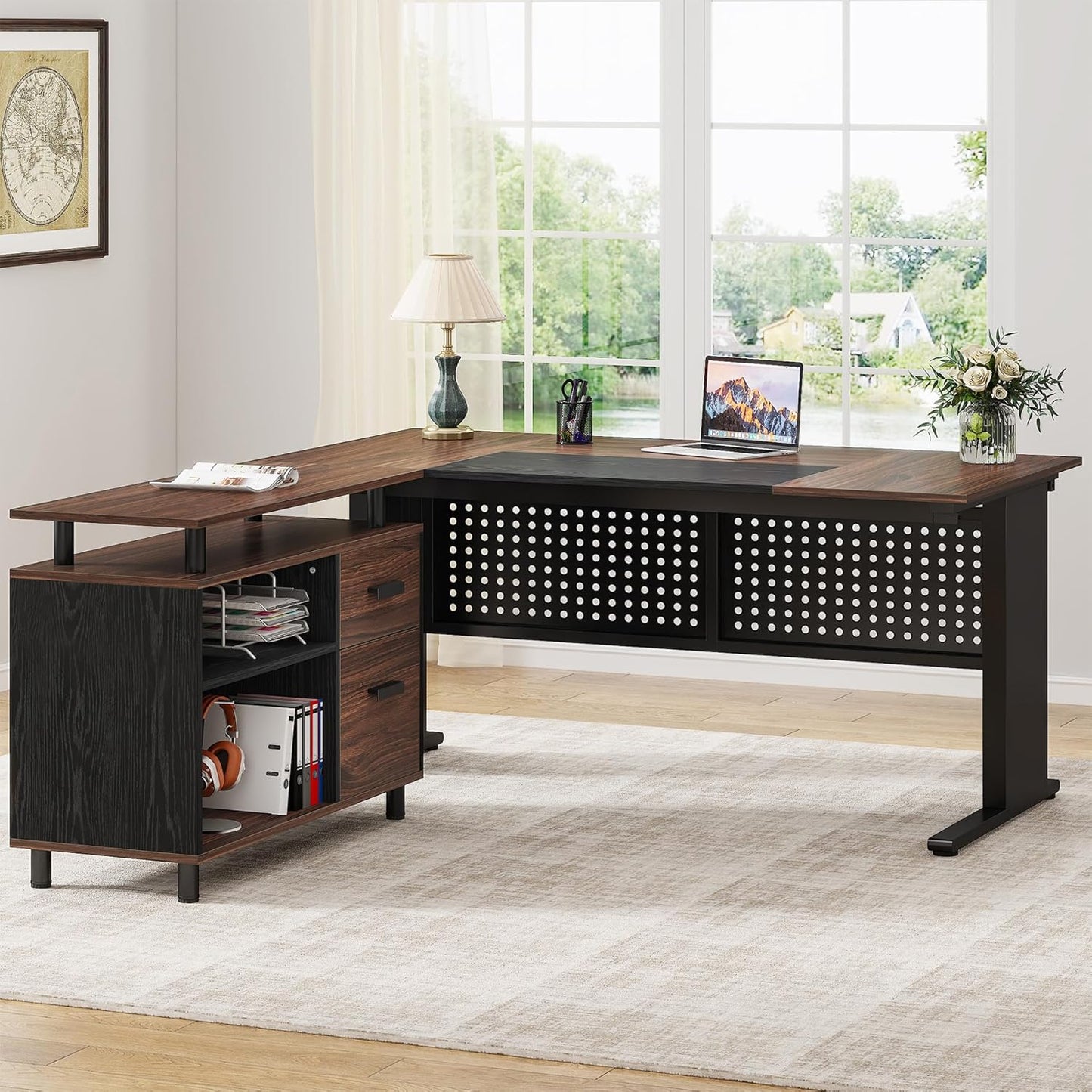 Tribesigns 63 Inch Executive Desk with File Cabinet, Large Office Desk L Shaped Computer Desk with Drawers and Storage Shelves, Business Furniture Desk for Home Office, Dark Walnut and Black
