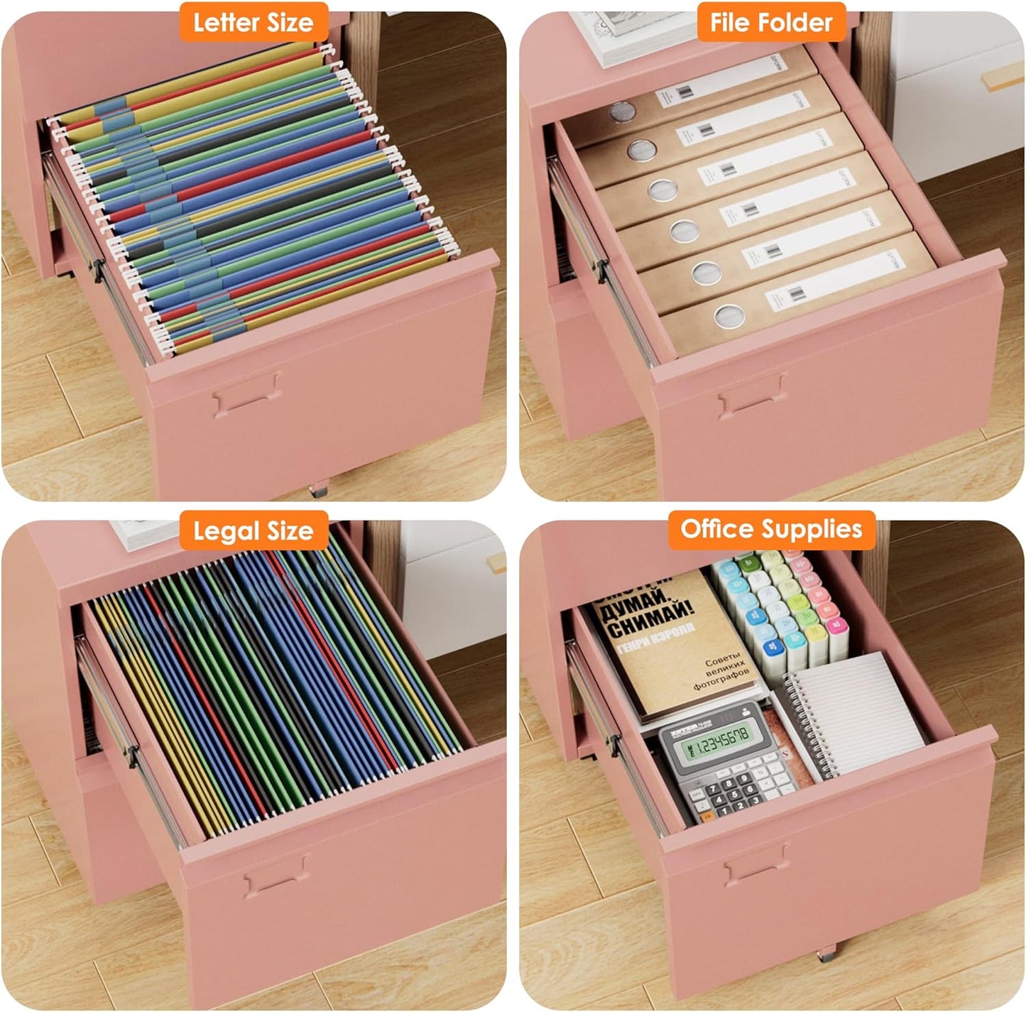 Aobabo Metal 2 Drawer Office File Cabinet with Lock, Under Desk Office Steel Files Cabinet on Wheels, 25.6''H Legal/Letter A4 Size, Assembly Required, Pink