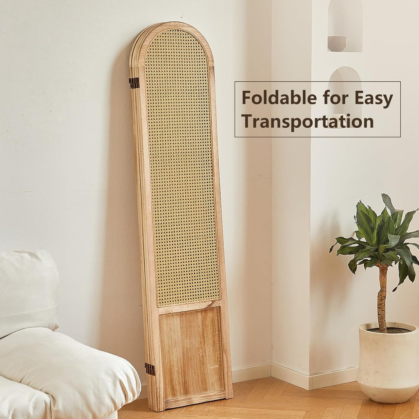 4 Panel Rattan Room Divier, Room Divider Panel and Folding Privacy Screens, Room Divider Wall, Solid Wood Frame, Partition Room Dividers, Bedroom, Dining Room, Lounge, Light Brown