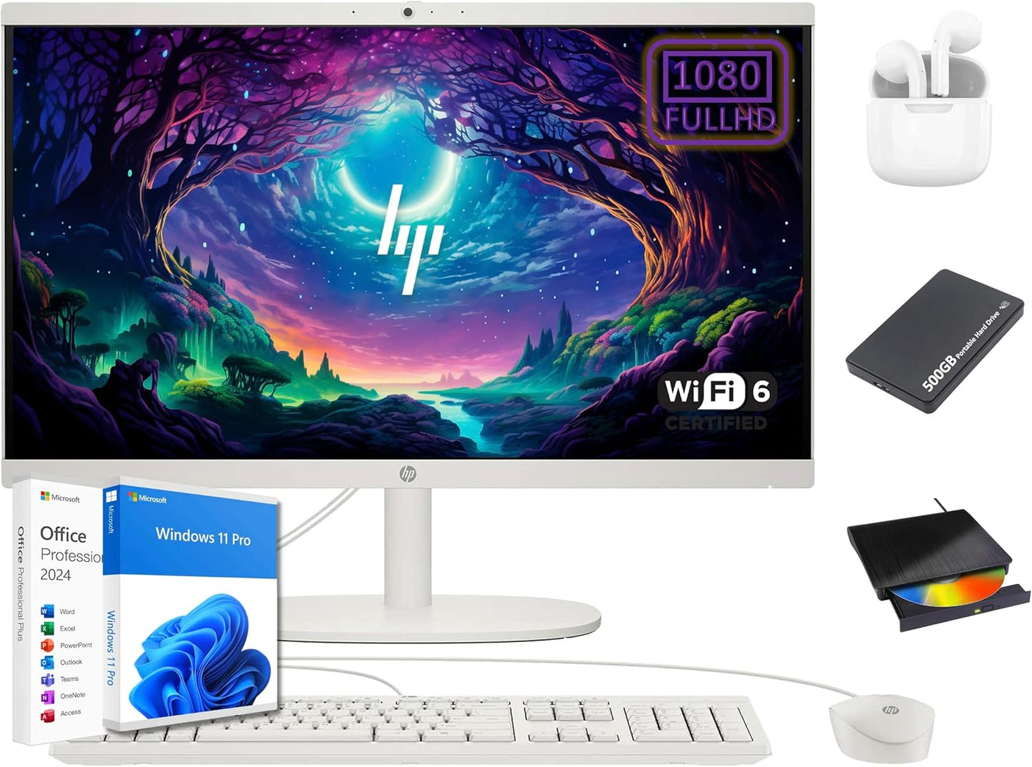 HP 22 inch FHD All-in-One Desktop Computer PC 2025 Flagship, 32GB RAM, 1.5TB Storage (1TB SSD + 500GB Ext), Intel Celeron CPU, Webcam, WiFi 6, HubxcelAccessory, Win 11 Pro, Lifetime Office 2024