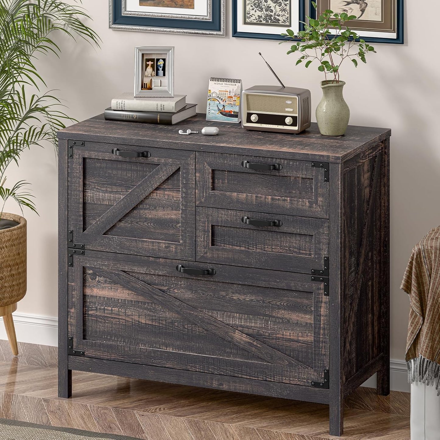 4-Drawer Wood Lateral File Cabinet for Hanging Files Letter/A4/Legal Size, Large Farmhouse File Cabinets for Home Office, Printer Stand with Office Cabinets, Office Furniture, Dark Rustic Oak