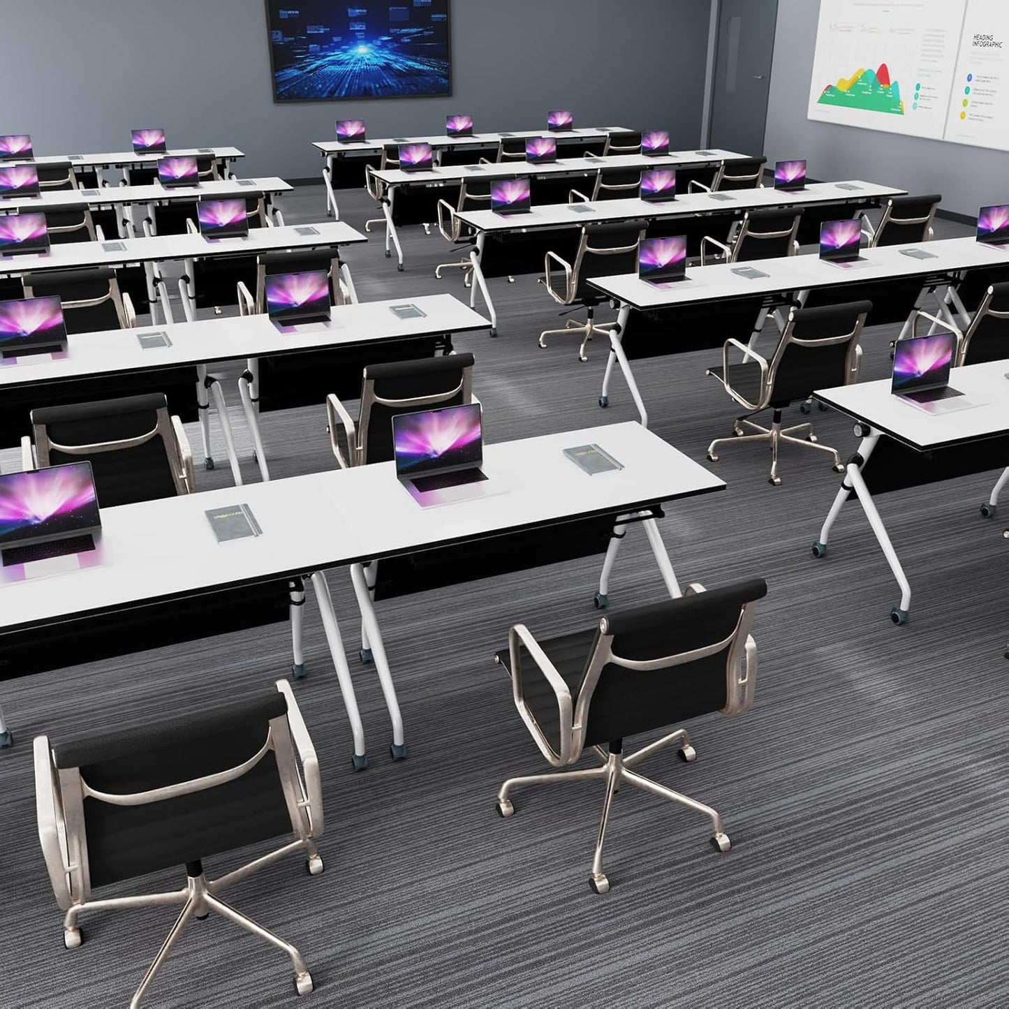 Conference Table, Folding Conference Room Tables, Mobile Training Tables with Silent Wheels, Large Rectangular Modular Seminar Table Office Computer Desks for Classroom White (10Pack L55.1in)