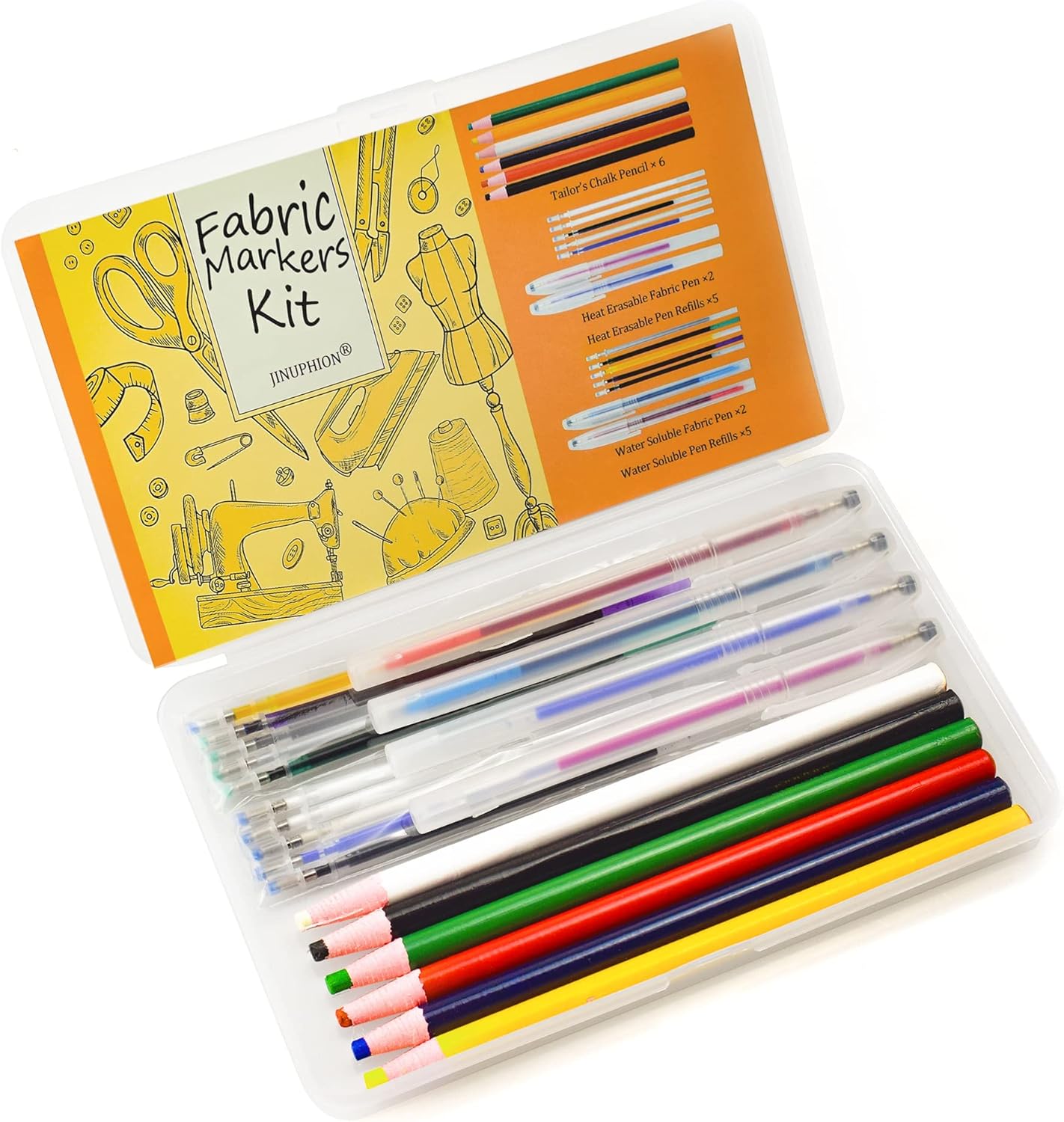 Sewing Fabric Markers Kit with Storage Box, 6Pcs Tailors Chalk Pencil / 2Pcs Heat Erasable Pen & 5 Refills / 2Pcs Water Soluble Pen & 5 Refills