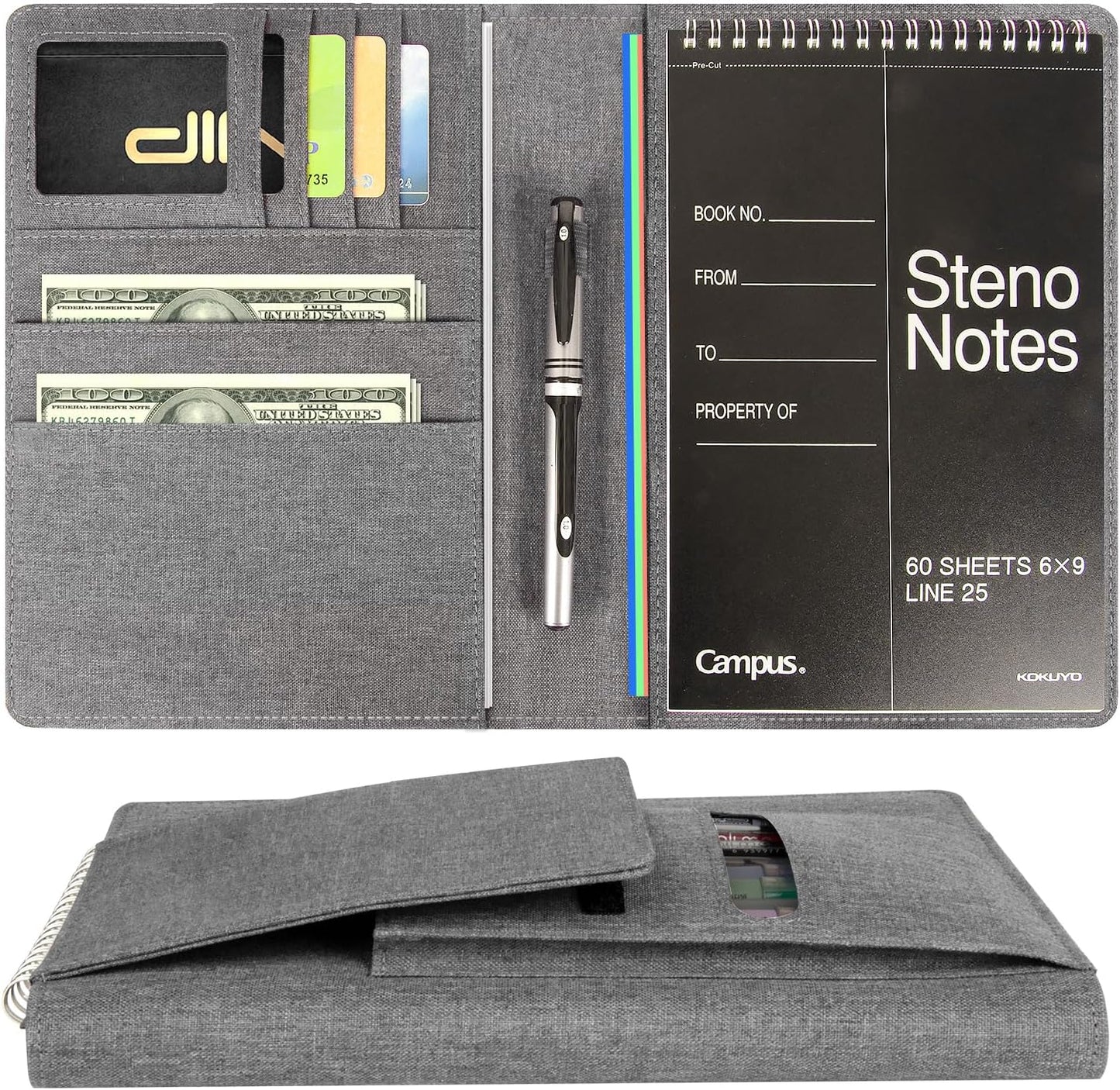 Journal Cover for Rocketbook Flip | Executive Size 6"x8.8" Fits A5, 6"x9" Steno Pad/Notebook & Top Spiral Notepad | Waterproof Protective Case with Pen Loop Holder & File Storage (Gray)