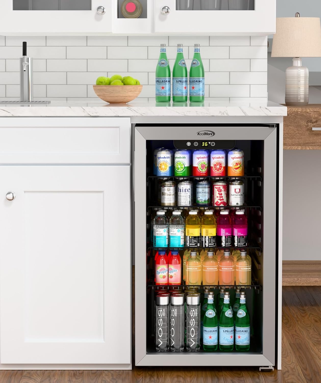 KoolMore 18 in. 3.2 Cu. Ft. Beverage Refrigerator Merchandiser with Stainless Steel Trim and Touch Panel For Soda, Beer or Wine Perfect for Use in a Commercial or Home Setting, ETL Listed (KM-BR32SS)