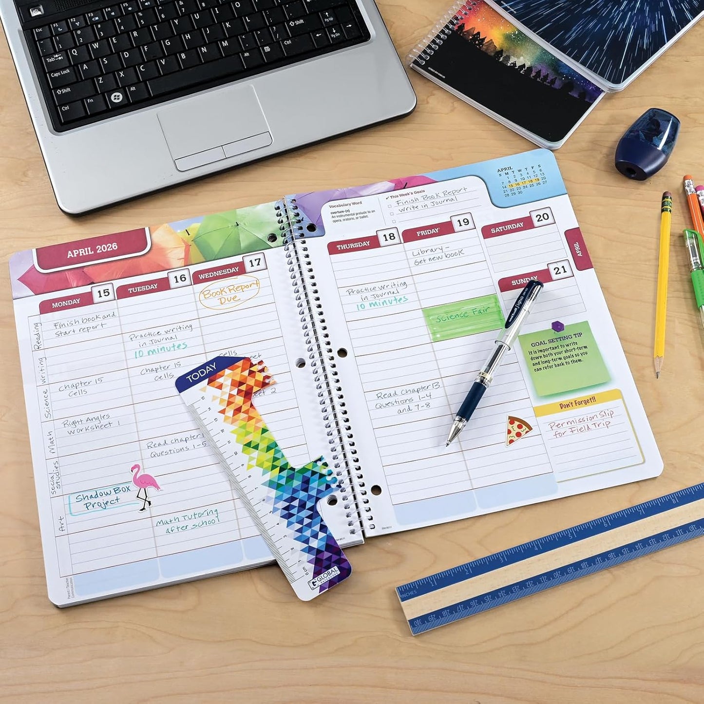 Global Datebooks Dated Middle School or High School Student Planner for Academic Year 2025-2026 Includes Ruler/Bookmark and Planning Stickers (Matrix Style - 8.5"x11" - Triple Stripe)