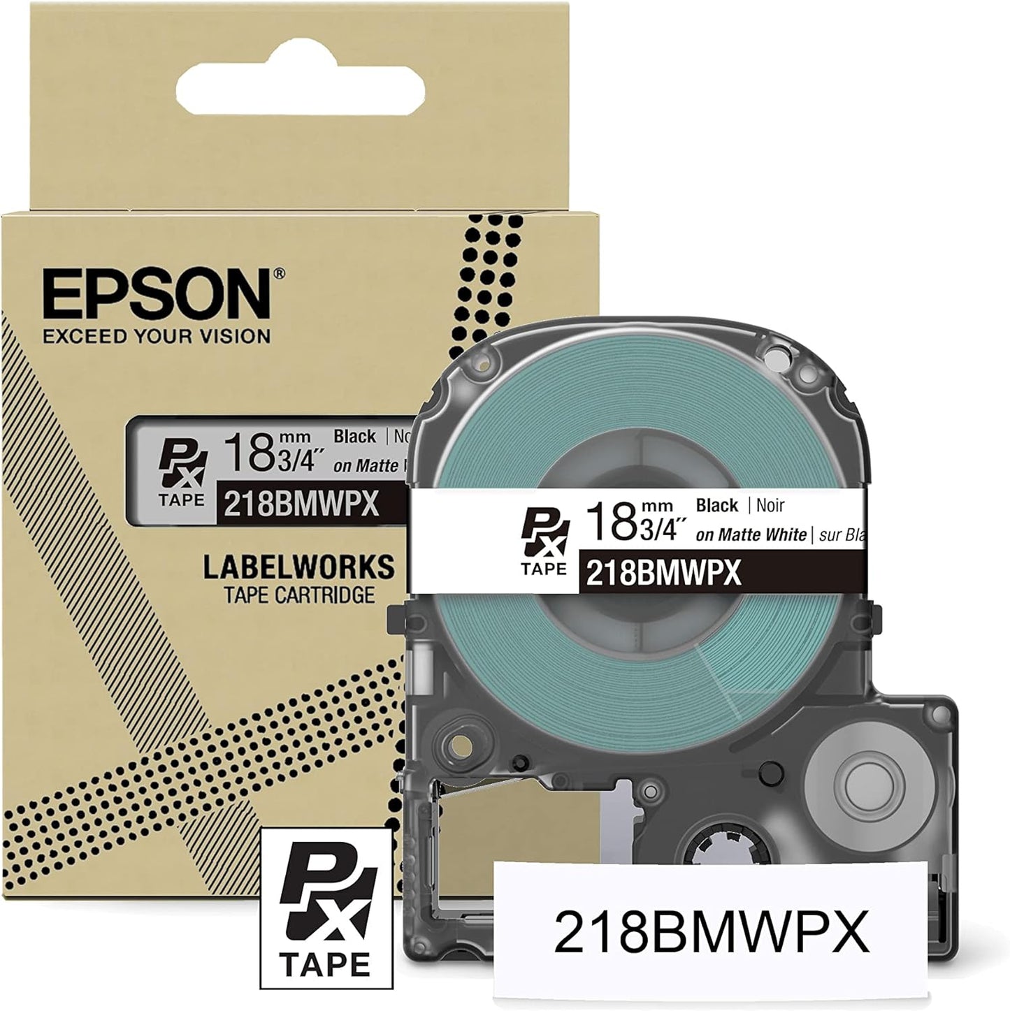 Epson LABELWORKS 218BMWPX Genuine PET (Polyester) Tape Cartridge - Black on Matte White Designer Craft Label Maker Tape - 3/4" (18MM) Wide, 26'