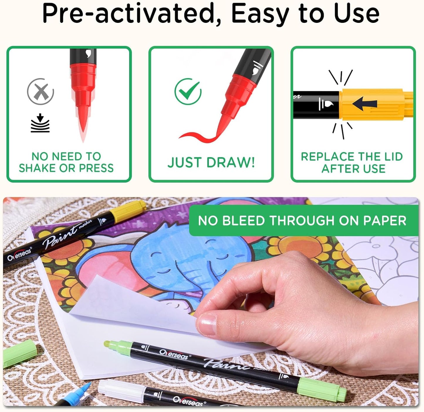 Overseas 24 Dual-Tip Acrylic Paint Markers Pens - Acrylic Paint Pens with Brush and Dot Tip, No Bleeding Coloring Marker for Wood, Rock, Glass, Metal, Ceramic, Plastic, Fabric, Teacher Supplies