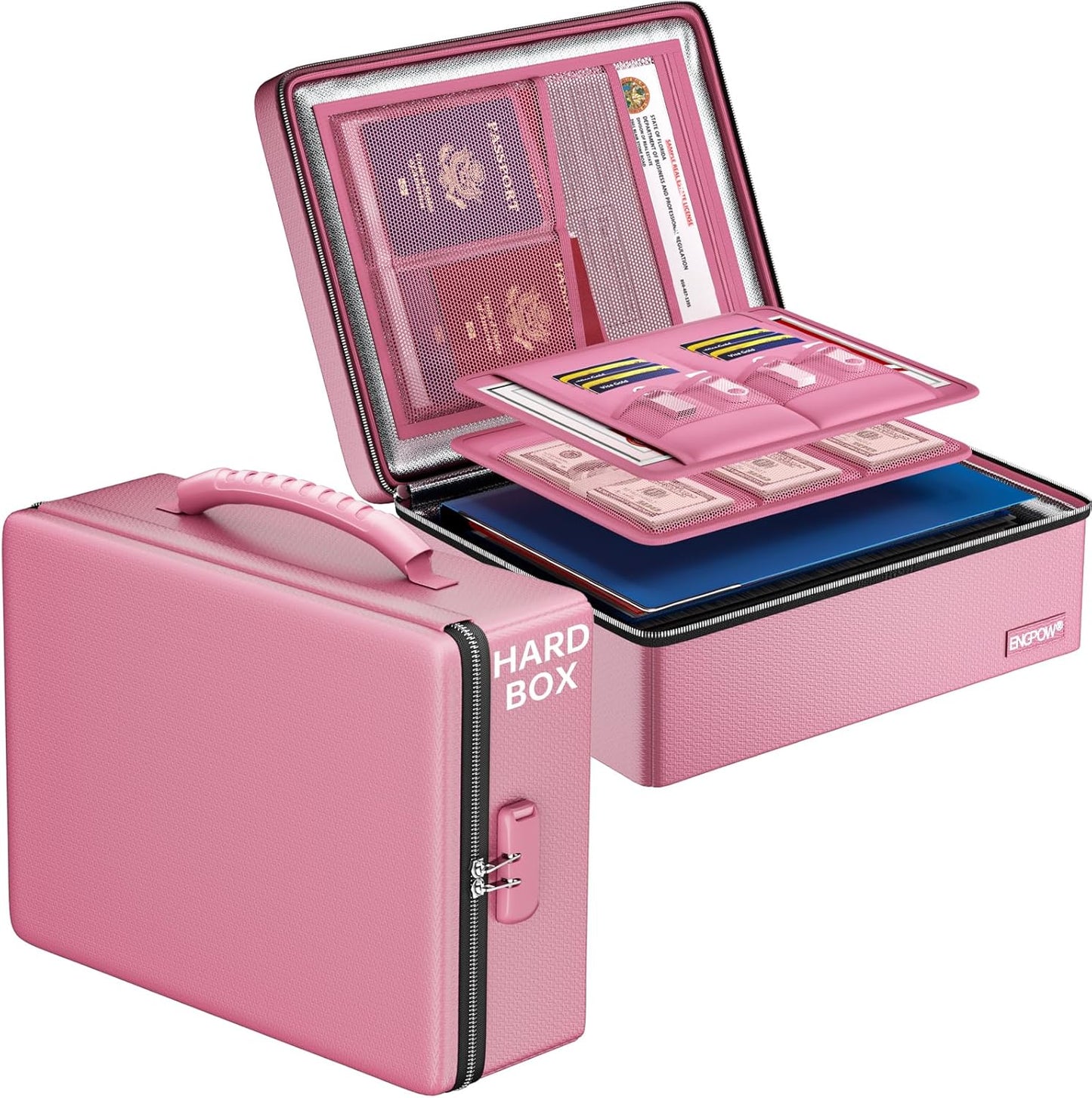 ENGPOW Fireproof Document Box, Hard Case File Box with Fireproof Zipper＆Lock, 6400°F Heat Insulated Fire and Water Resistant File Organizer Storage Safe for Important Documents Laptop Cash, Pink