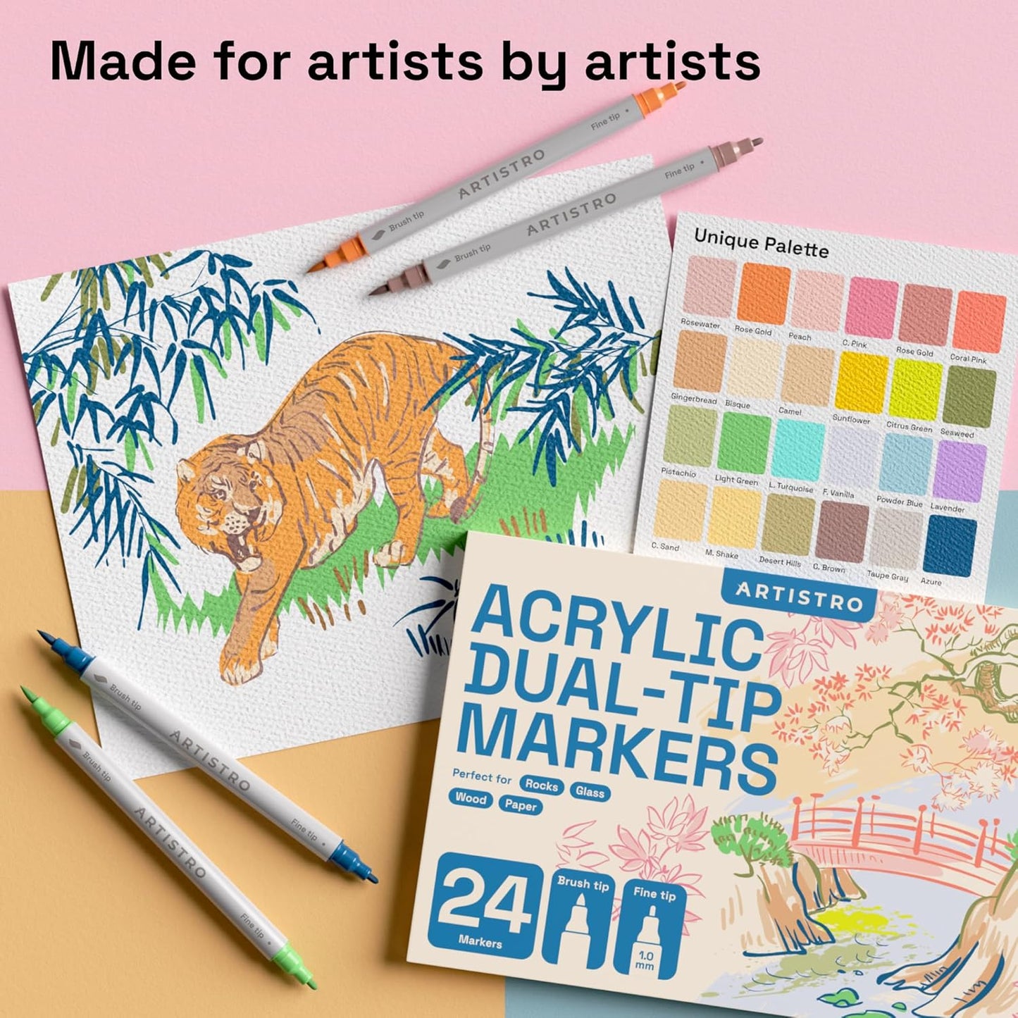 ARTISTRO 24 Pastel Dual-Tip Acrylic Paint Markers - Brush + Fine Tip Combo - Multi-Surface Paint Pens in Soft Colors