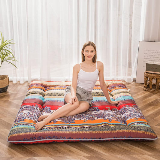 Bohemian Retro Floor Mattress Vintage Floral Japanese Futon Mattress Roll Up Thicken Sleeping Bed Portable Camping Mattress Floor Lounger Couch Bed Pad, Twin Size