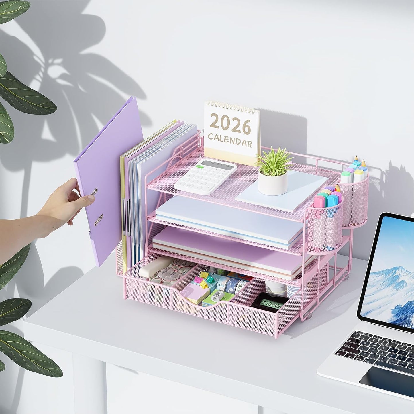 gianotter Desk Organizers and Accessories with File Holder, 4-Tier Desk Accessories & Workspace Organizers with Drawer and 2 Pen Holder, Paper Organizer for Office Supplies (Pink)