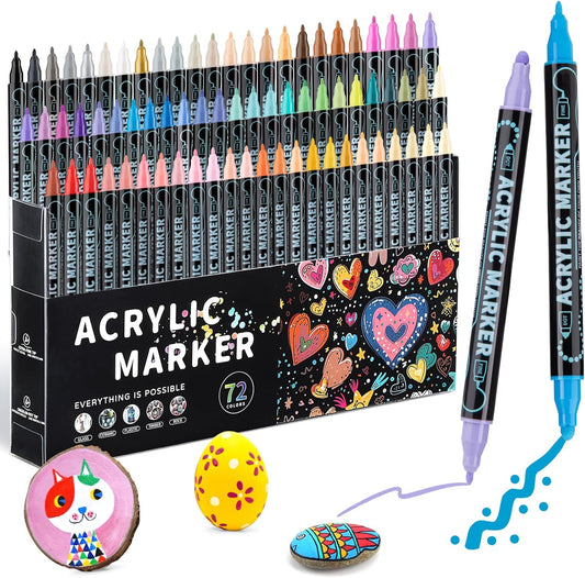 72 Colors Dual Tip Acrylic Paint Pens Markers, Double Tip Premium Acrylic Markers for Wood, Rock Painting, Glass, Canvas, Stone, DIY Crafts Making Art Supplies