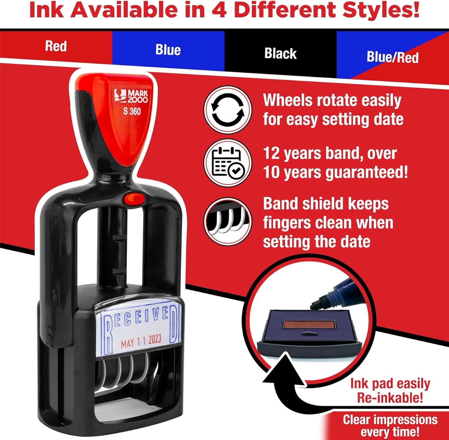 Self-Inking Rubber Date Office Stamp with Paid Phrase - Black Ink - 12-Year Band