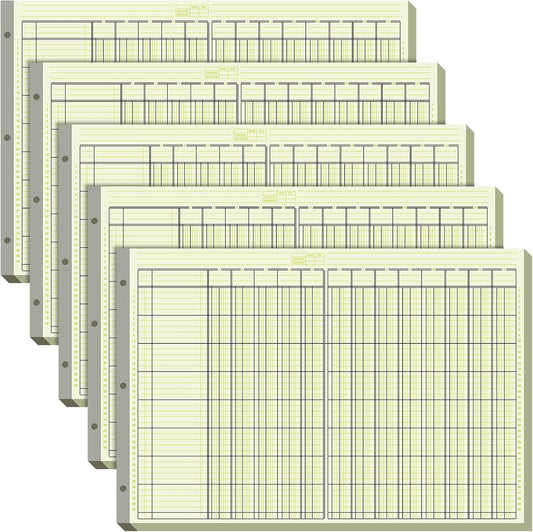 Zhanmai 5 Pack 250 Sheets Analysis Columnar Books 3 Hole Accounting Ledger Book Ledger Paper Pad Columnar Pad for Business, 50 Sheets/Pack, Single Page Format, Green(13 Columnar,16.31 x 11)