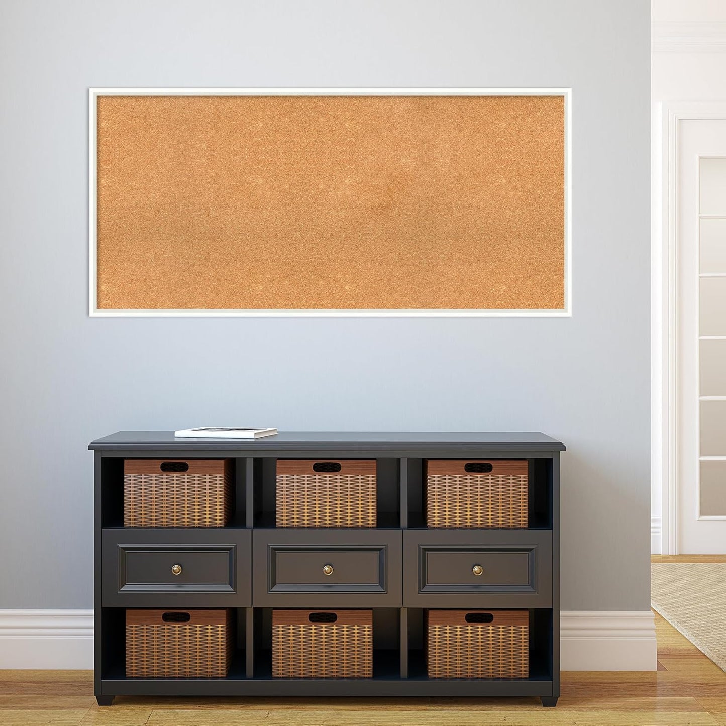 Amanti Art Natural Cork Board for Wall, 25x53 Vision Board with White Frame, Oversize Corkboard Office Decor for Home Organization, Modern Corkboard Pinboard to Display Items for Home Organization in
