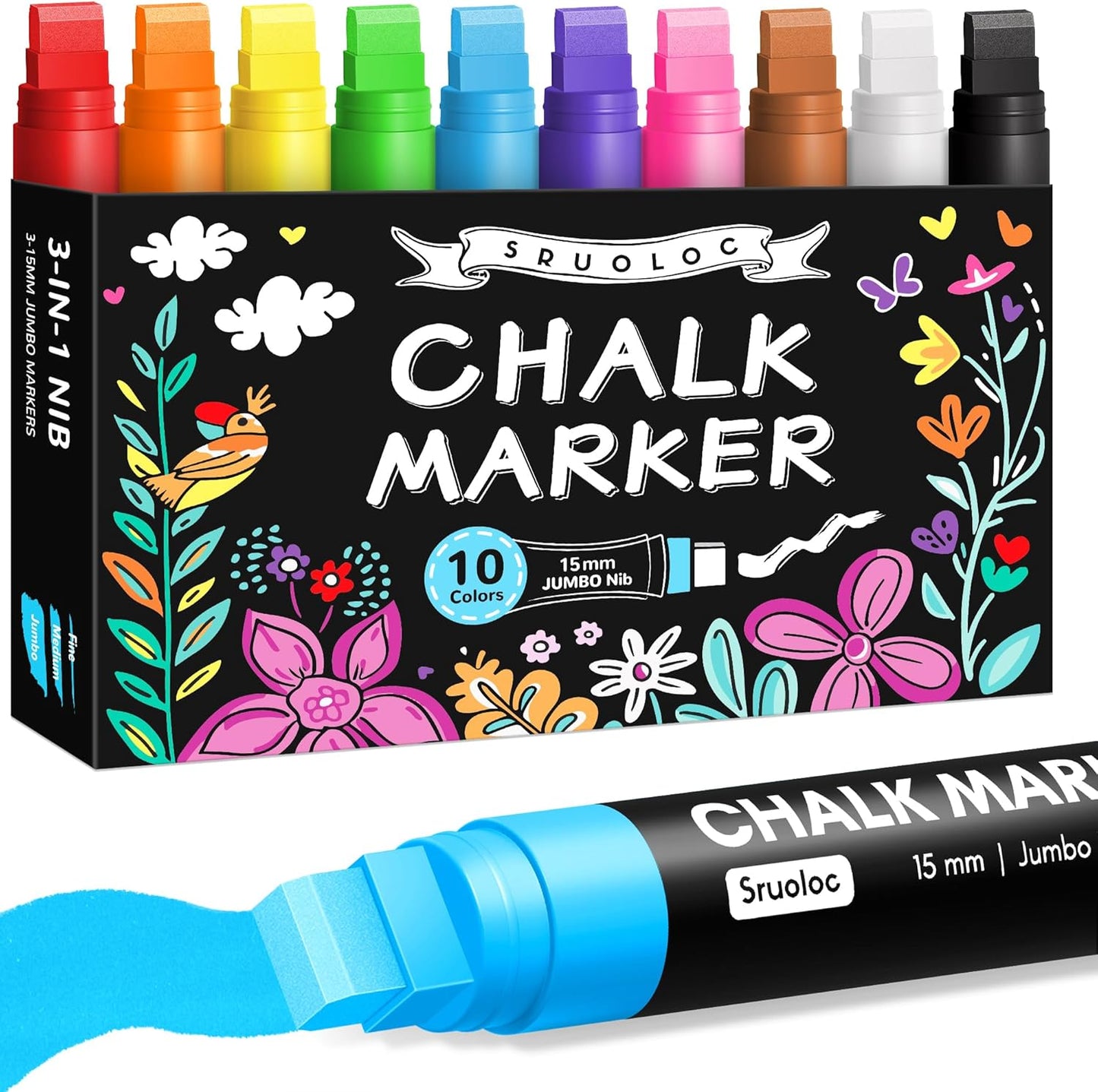 Window Chalk Markers for Glass Washable, 10 Colors Jumbo Liquid Chalk Marker with 15mm 3 in 1 Nib Thick Wide Tips, Big Chalkboard Markers, Car Paint Pen for Auto, Bistro, Mirror, Poster, Blackboards
