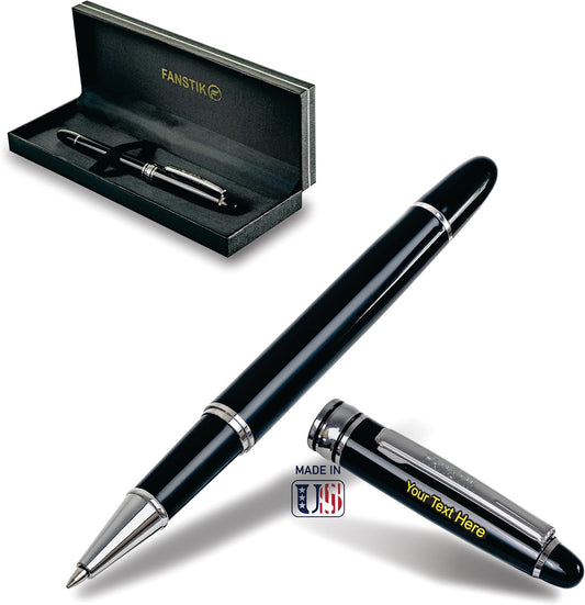 Customized RollerBall pen with name (MADE IN USA), stainless steel, black and silver, luxury engraved pen personalized for men and for women. (RollerBall Black-Silver)