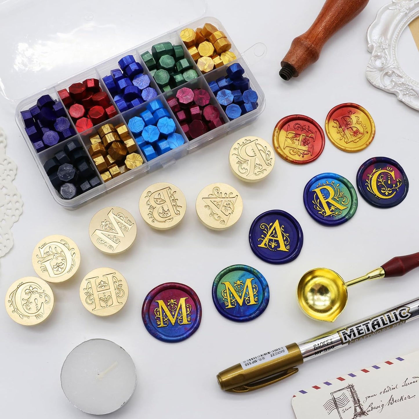 SWANGSA Initial Alphabet C Wax Seal Stamp Kit, Classic Retro Letter Sealing Stamp with 200pcs Sealing Wax Beads Kit for Wedding Invitations Cards Envelopes (C)