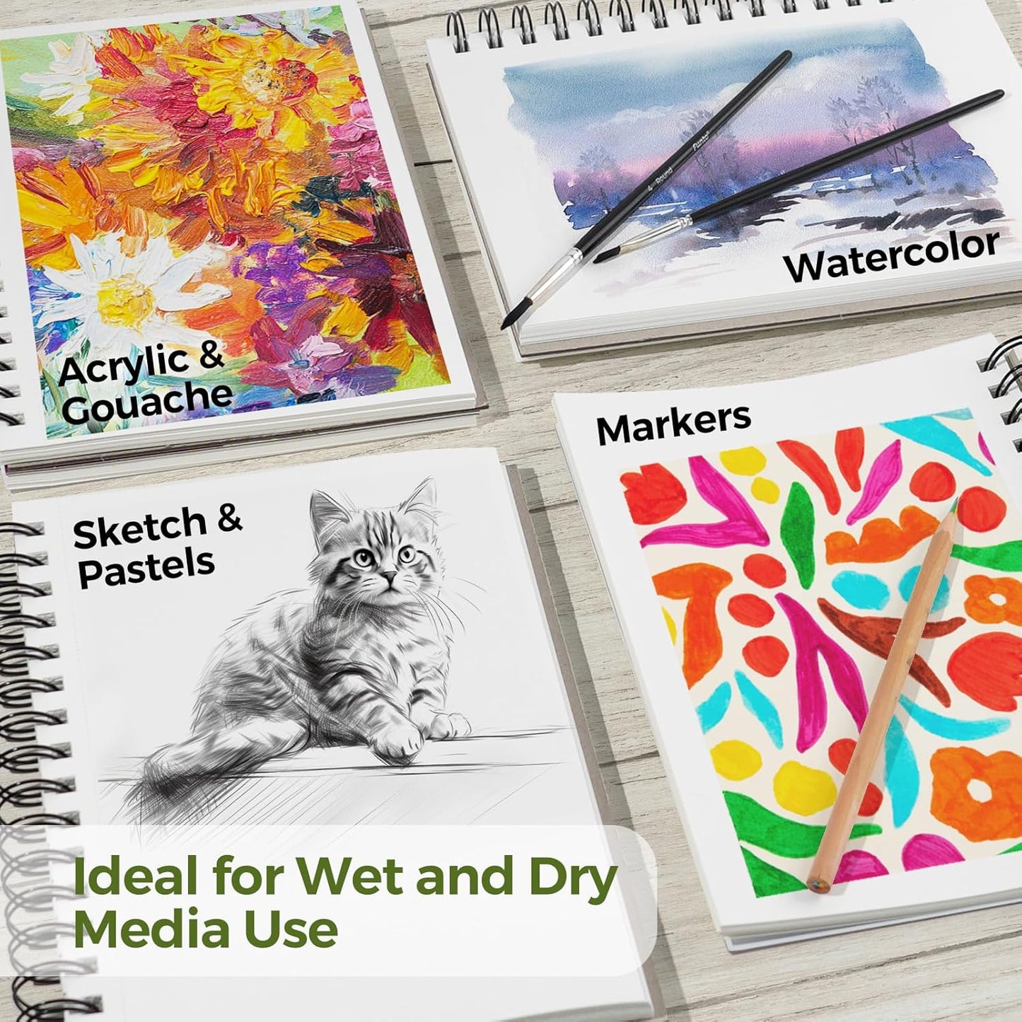 Funto Watercolor Pad 10x7, 3-Pack, 90 Sheets, 140 lb/300 GSM, Double-Sided, Cold Press, Spiral Bound, Heavyweight Paper for Watercolor Painting