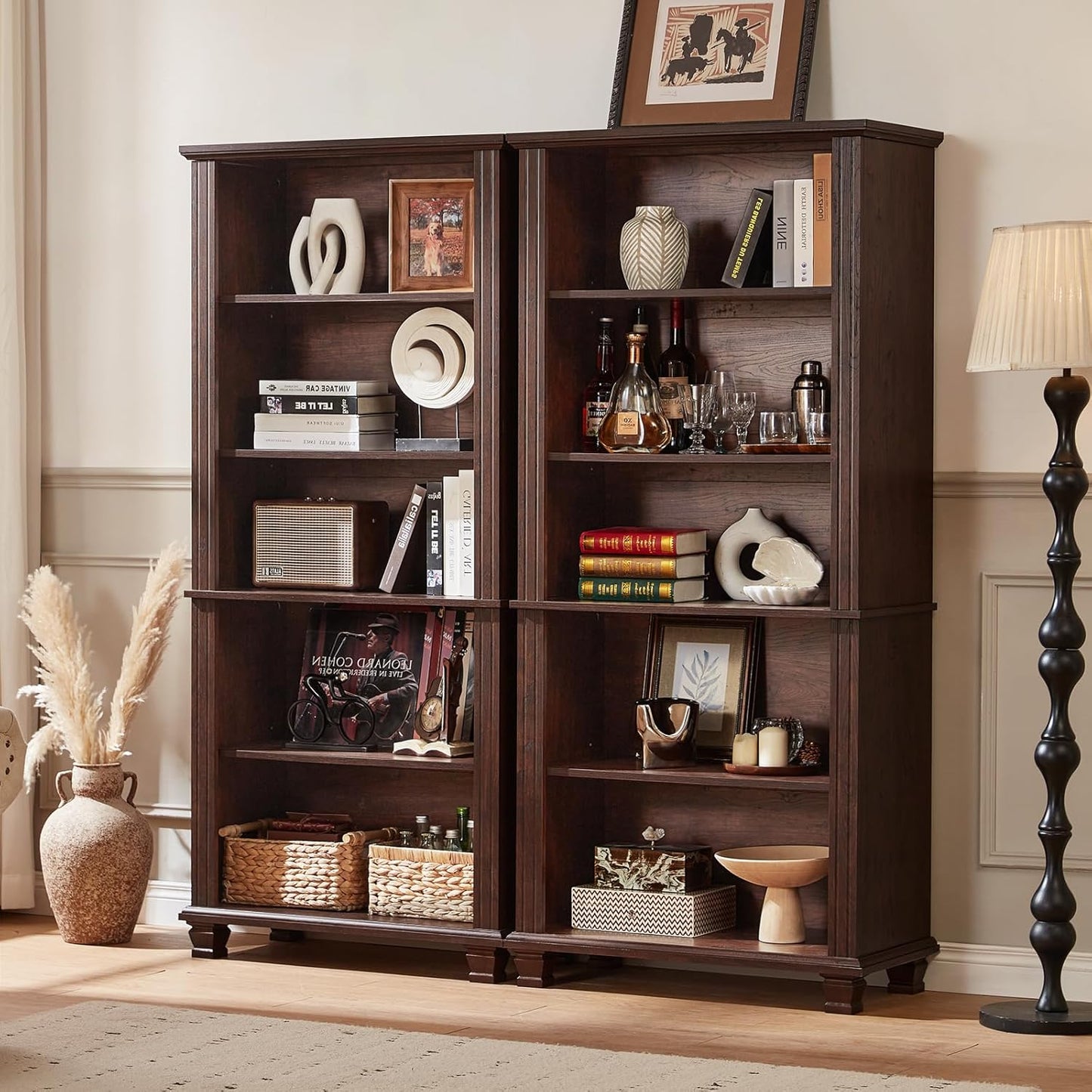70" Tall Walnut Bookshelf,5 Tier Wooden Book Shelf with Adjustable Shelves & Wood Legs,Free Standing Farmhouse Bookcase with Open Display Storage,Vintage Bookshelves for Classroom, 2PCS