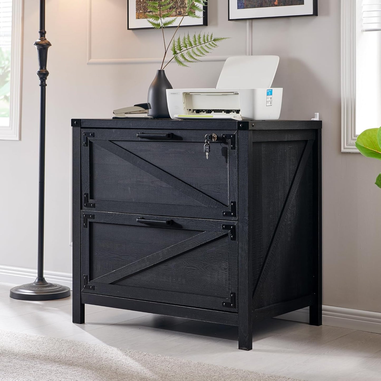 JXQTLINGMU 2 Drawer Farmhouse File Cabinet, Lateral Filing Cabinet with Lock for Home Office, Compatible Legal Letter A4 F4 Size, Black