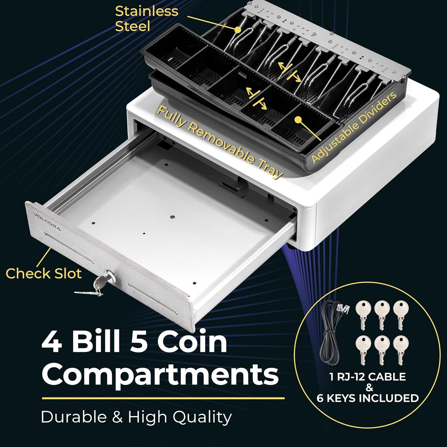 Volcora 14" Electronic Cash Register Drawer for Point of Sale (POS) System with Round Corners, Stainless Steel Front Panel - Fully Removable 2-Tier 4 Bill 5 Coin Cash Tray, 24V, RJ11/RJ12