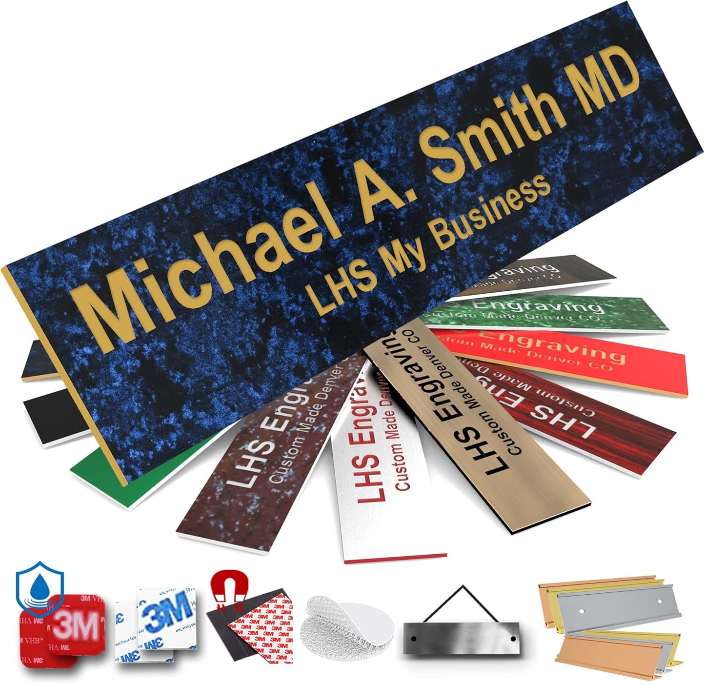 Engraved Custom Door Plate Celestial Blue Plastic Office Door Sign with Gold Letters - Made in USA 2x8 S1