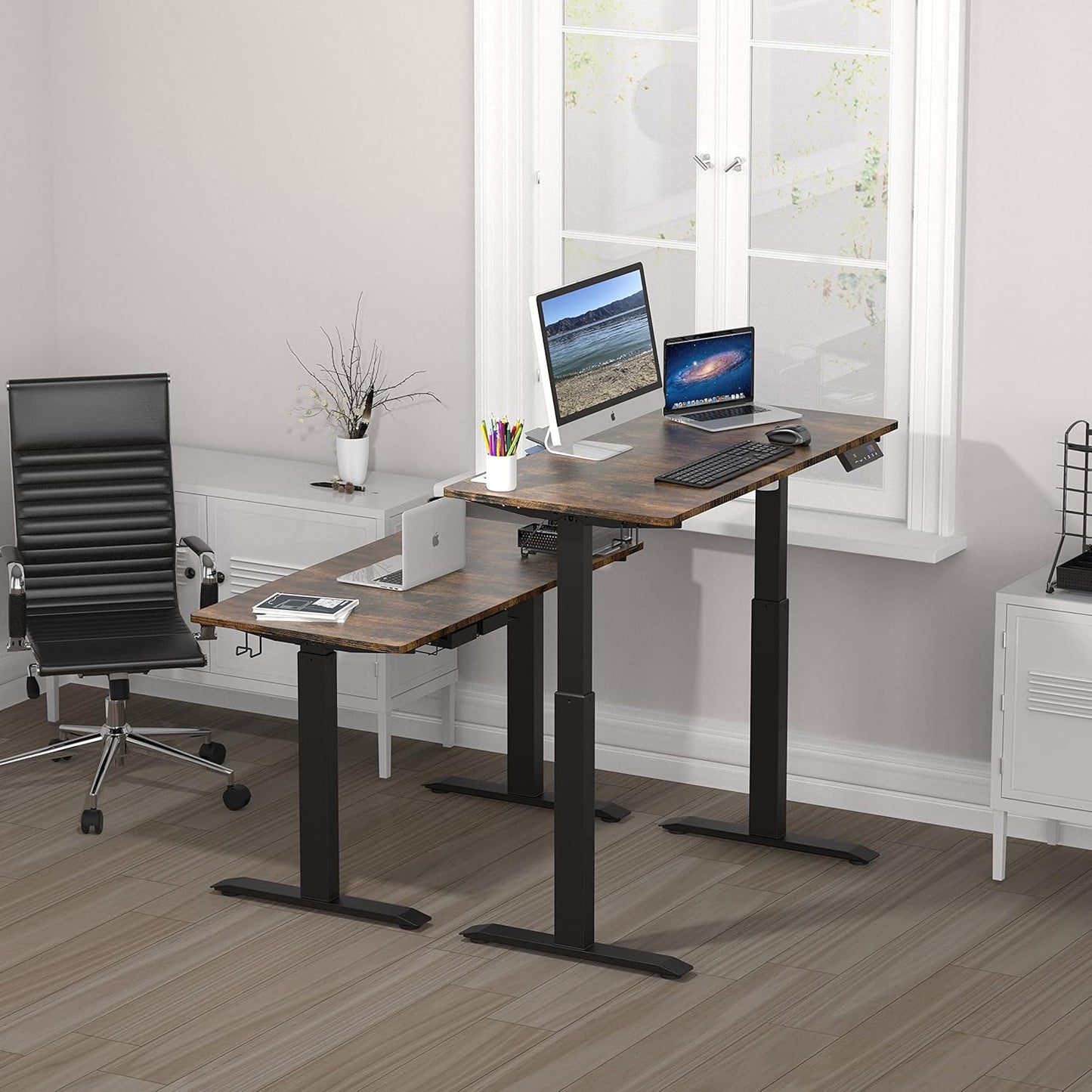 SHW 40-Inch Electric Height Adjustable Standing Desk with Drawer, Memory Preset and Cable Management Tray, Rustic Brown