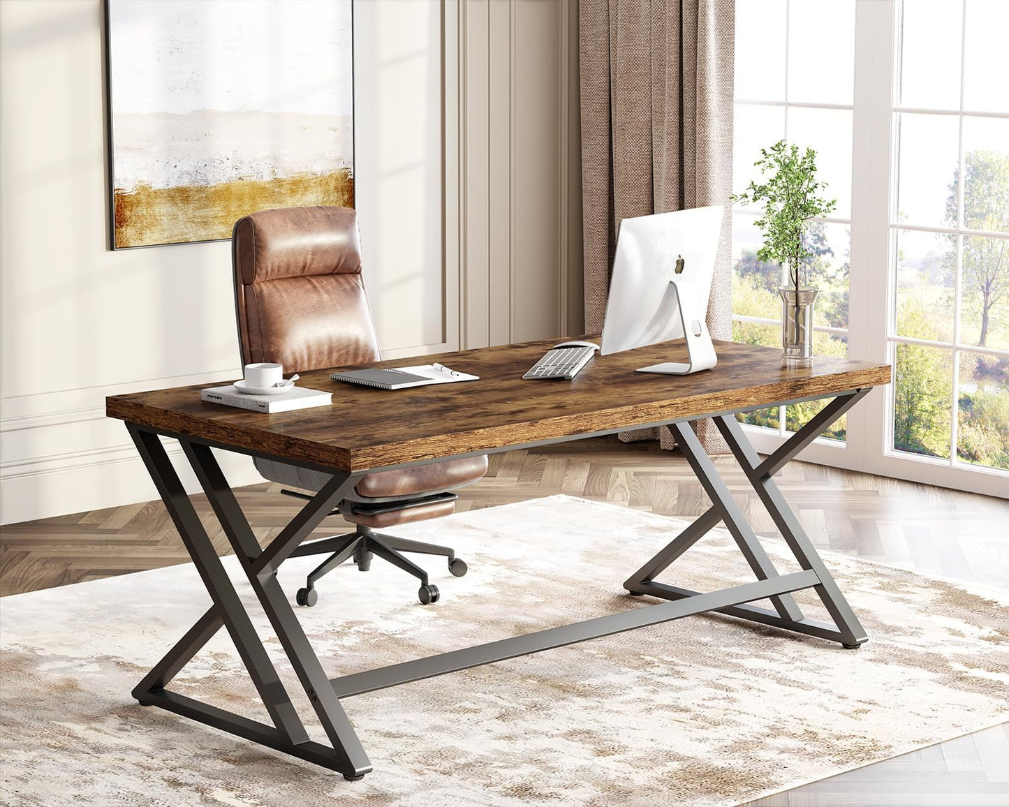 LVB Rustic Computer Desk, Metal Wood Home Office Desk, Industrial Simple Study Executive Desk for Writing Work, Wooden Student Gaming Computer PC Table with Storage for Bedroom, 55 Inch, Rustic Brown