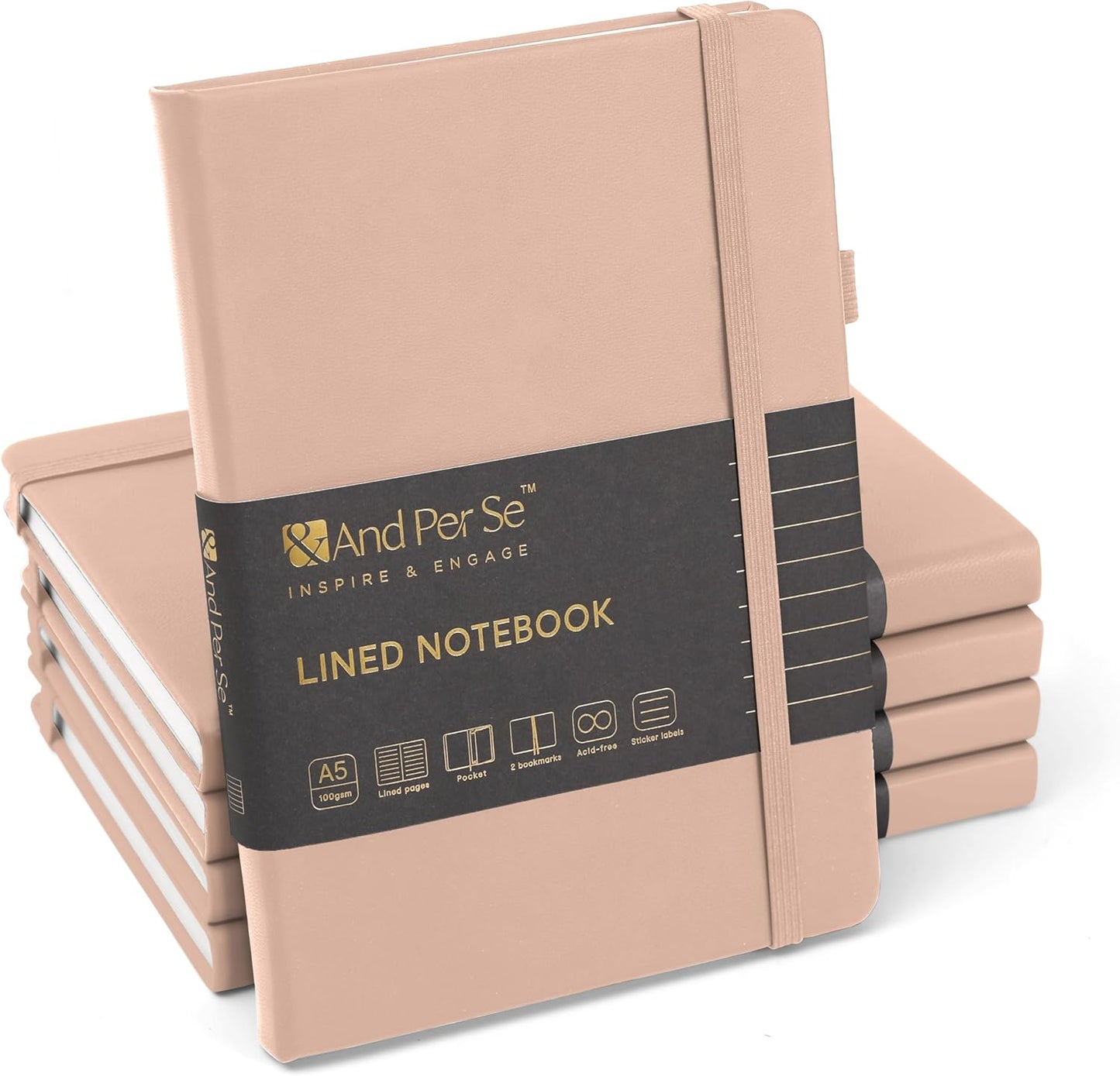 &And Per Se Lined Journal Notebook (5 Packs), 160 Pages, A5 5.7 x 8 inches College Ruled Thick Paper Notebook Journals for Writing, Hardcover Notebooks for Women Men Office School (Apricot)