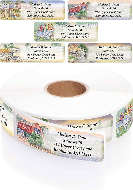Rural America Assorted Country Scenes Personalized Return Address Labels with Dispenser - Roll of 500 Custom Labels