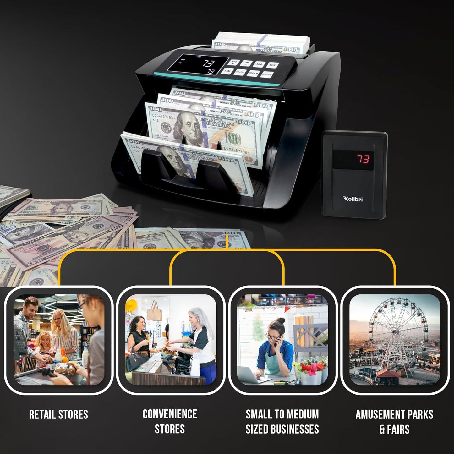 KOLIBRI Money Counter Machine, Advanced Fake Detection & LCD Display | 1,500 Bills per Minute Single-Denomination Cash Counter | Bill Counter Machine (US Customer Support)