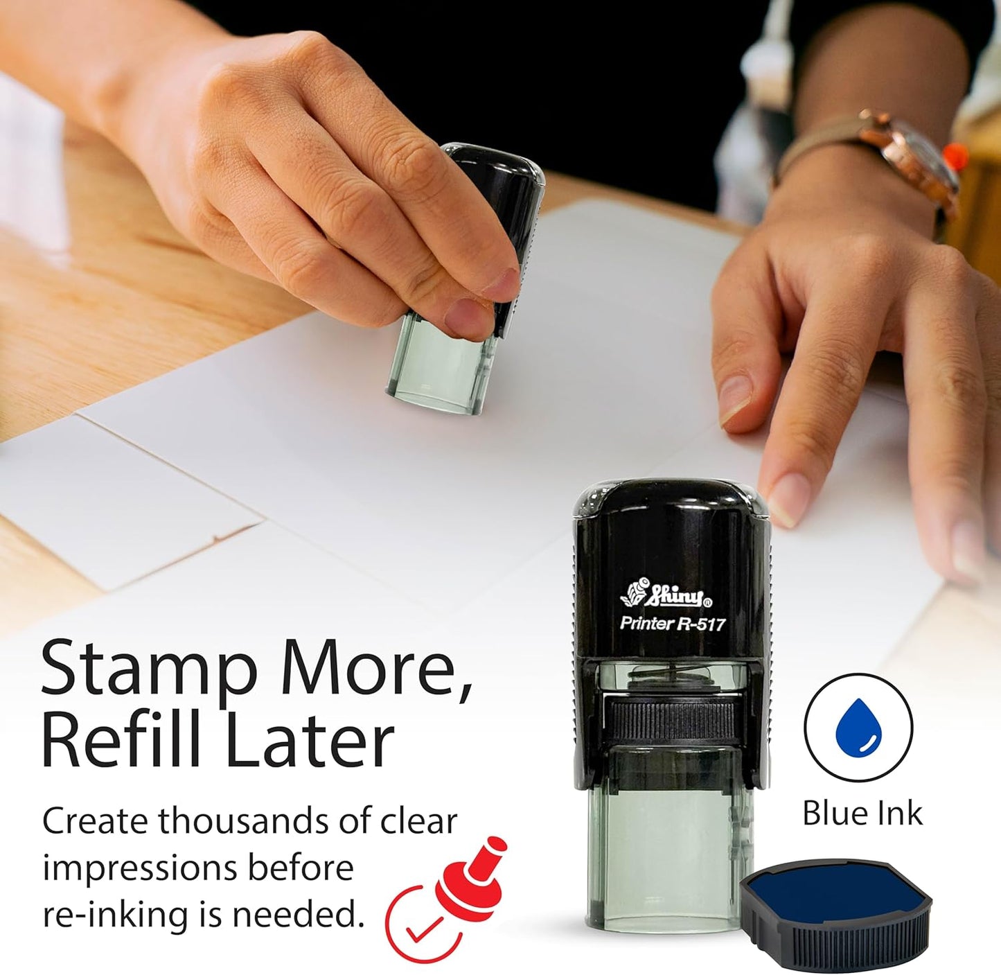 Shiny Well Done Teacher Stamp, Round Self Inking Stamp for Classroom, Blue Ink