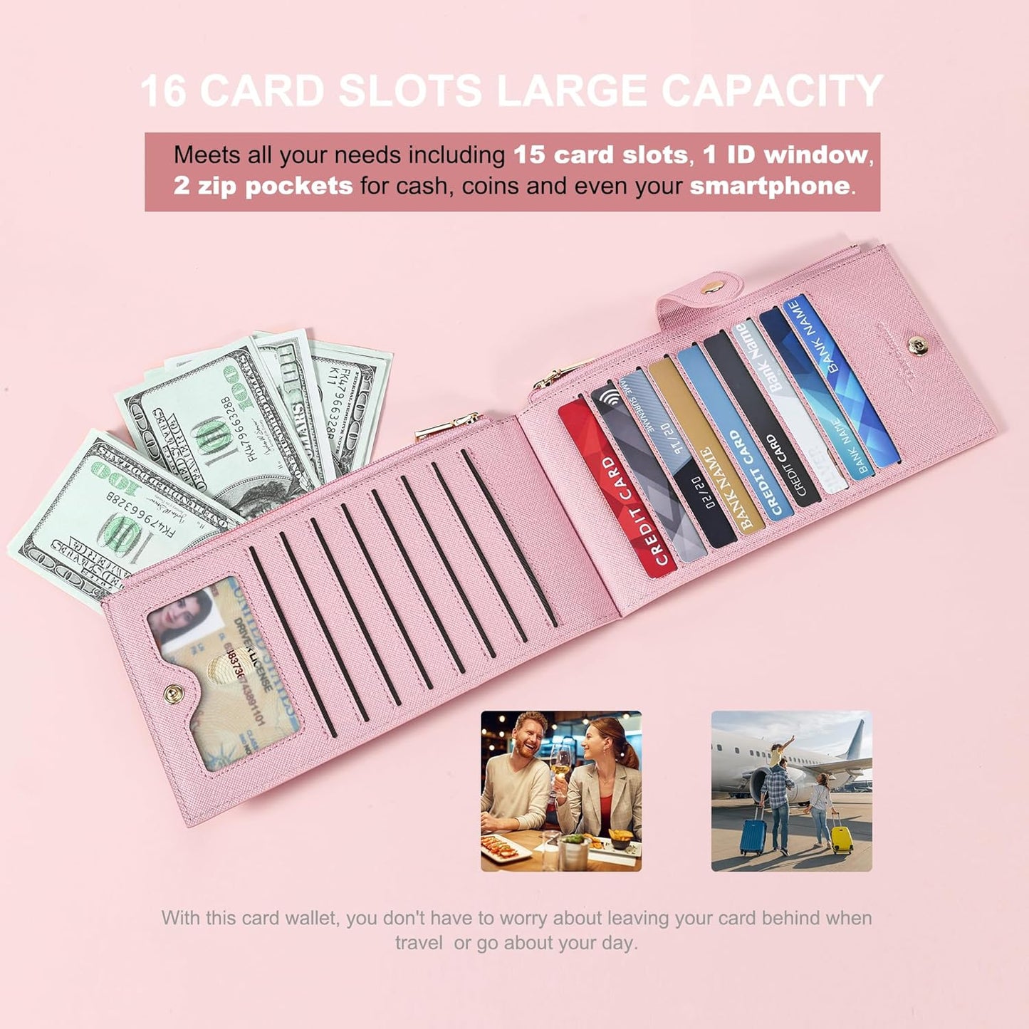 Travelambo RFID Wallet Women Large Size Bifold Multi Card Wallet Case with Zipper Pocke Credit Card Holder for Women