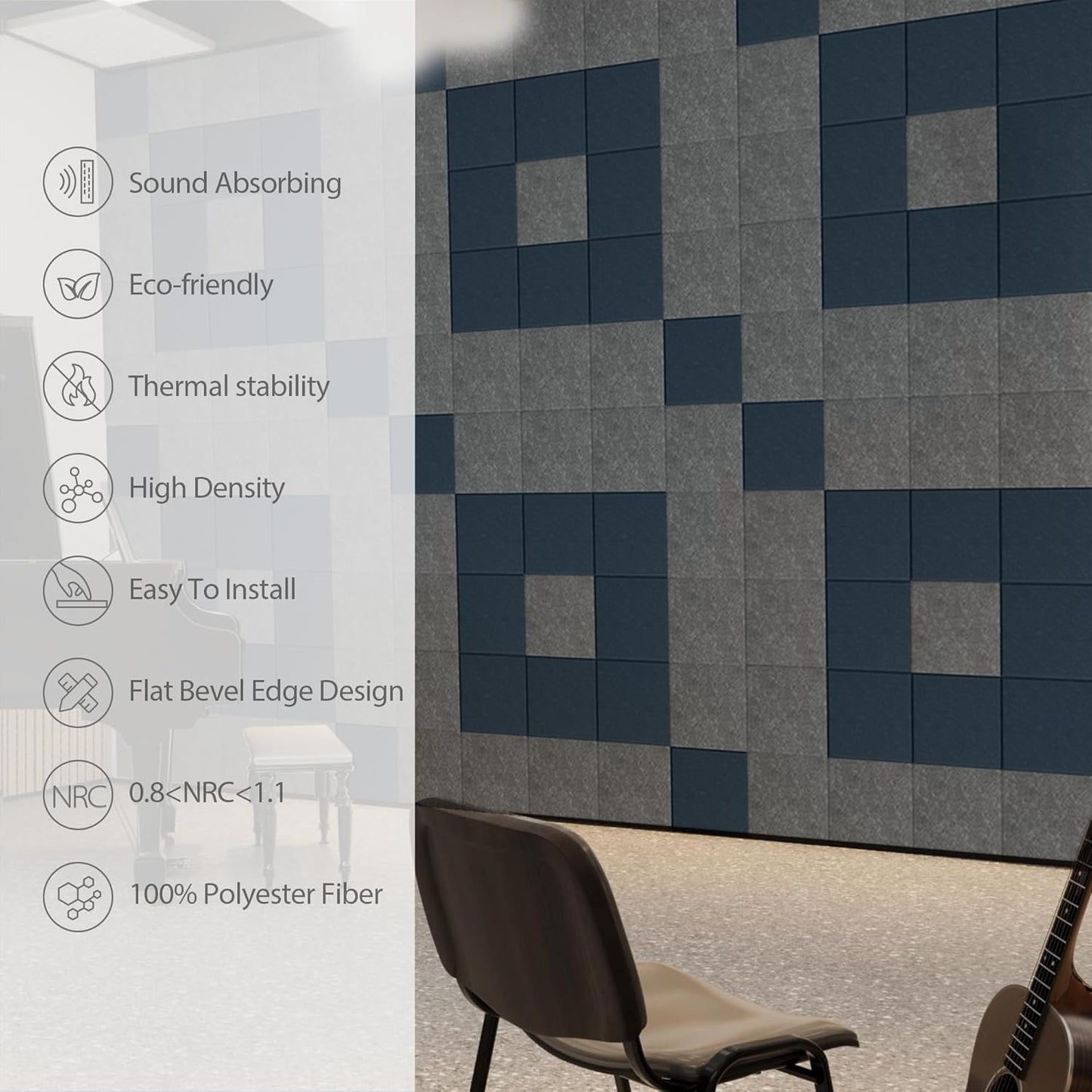 12 Pack Acoustic Panels Self Adhesive Sound Proof Foam, High Density Sound Acoustic Panel, 12X12X0.4 Inch Square Panels in Home, Office, Reccording Room, Studio,and more(Moonlight Grey)