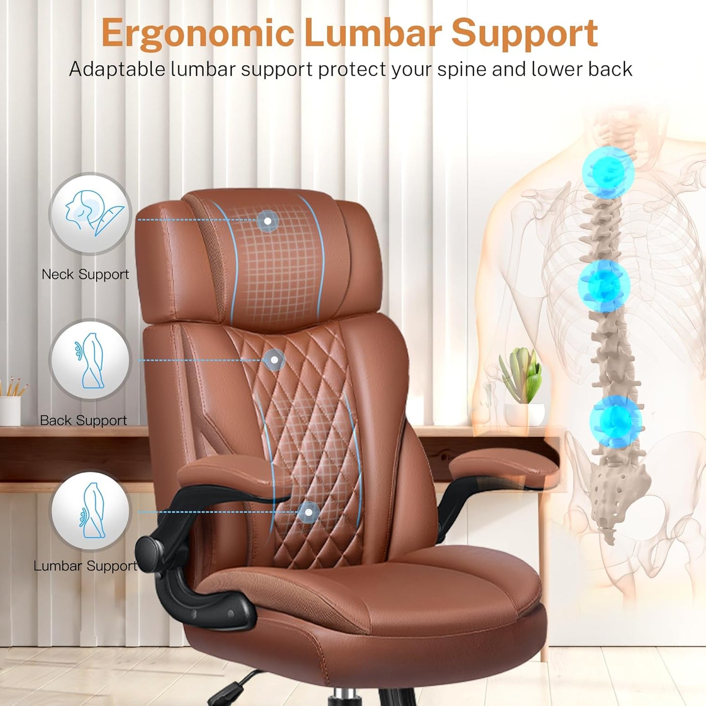 Office Chair Flip Up Arms, Executive Leather Office Chair Ergonomic Desk Chair with Lumbar Support, Adjustable Headrest, Computer Chair Home Office Desk Chair with Rocking Function