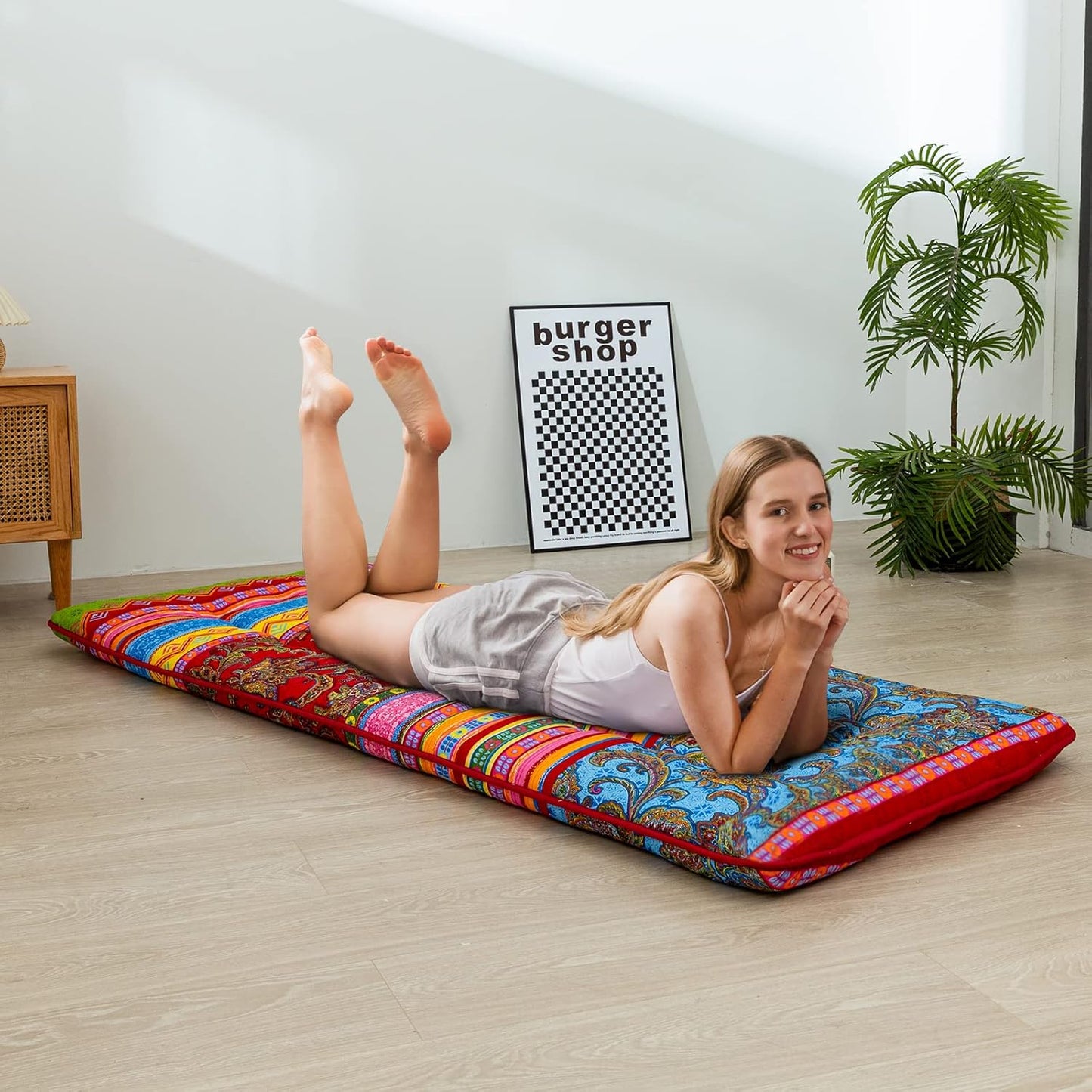 MAXYOYO Cot Mattress Bohemian Floor Bed, Japanese Floor Mattress Narrow Twin Futon Single Bed for Adults, Foldable Roll Up Camping Cot Mat
