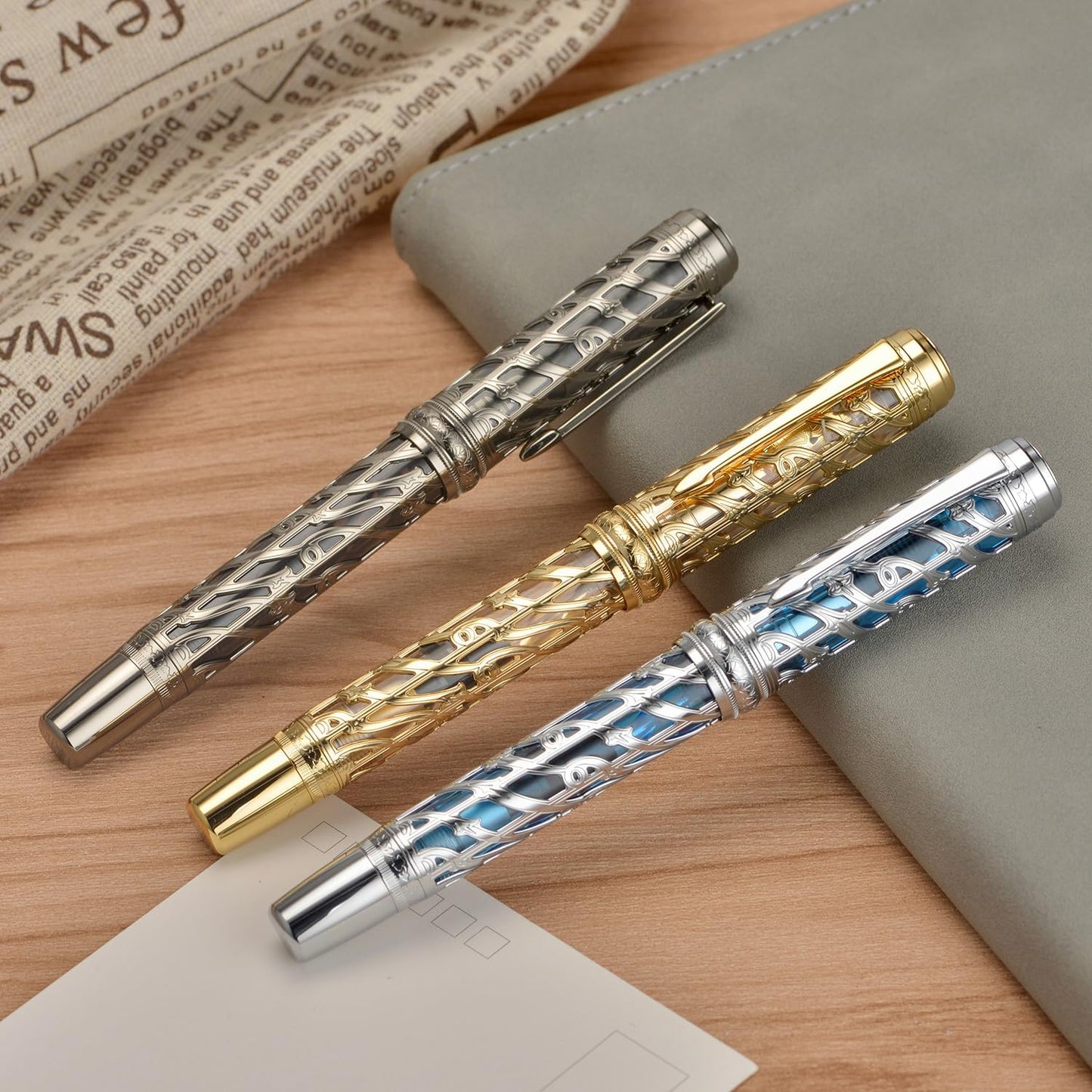 Hongdian A6 Piston Fountain Pen Extra Fine Soft Nib, Golden Hollow Skeleton & Transparent Resin Pen with Metal Case Set
