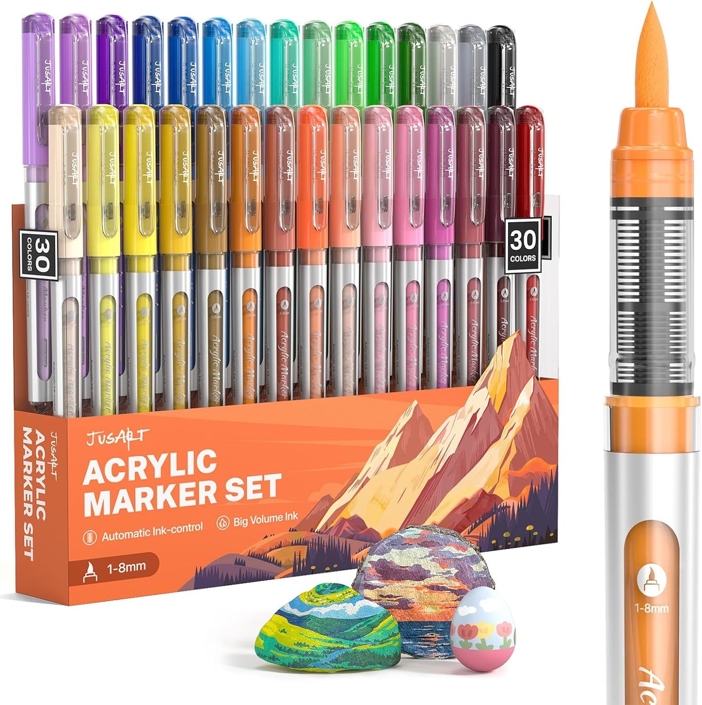 JusArt Acrylic Paint Markers Brush Tip 30 Colors for School Art, Water-Based No-Bleed Markers with Automatic Ink Control, Waterproof Acrylic Paint Pens for Rock, Egg, Wood, Fabric, Glass, DIY Crafts