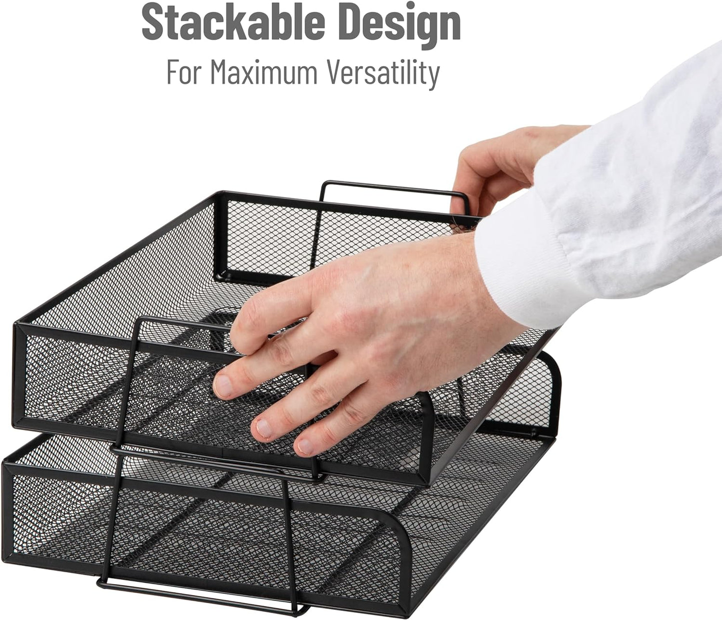Mind Reader Stackable Paper Tray, Desktop Organizer, File Storage, Office, Metal Mesh, 13.25" L x 9.75" W x 6.25" H, 2 Pcs., Black