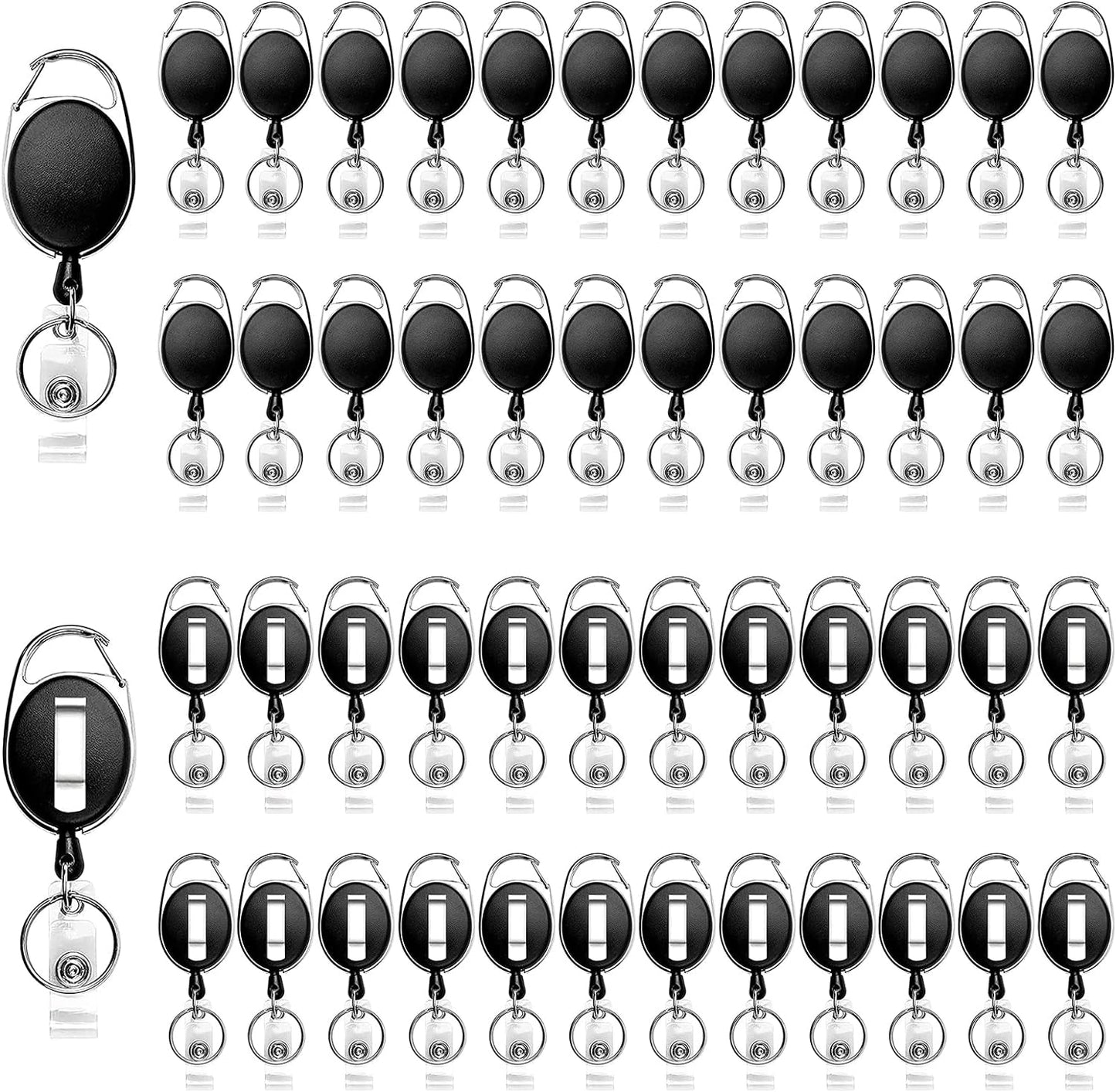 YAKESD 50 Packs Heave Duty Badge Reels Retractable with Carabiner Belt Clip and Key Ring, Badge Holders for ID Card Name Keychain(Black, 26.5 Inch Pull Cord)
