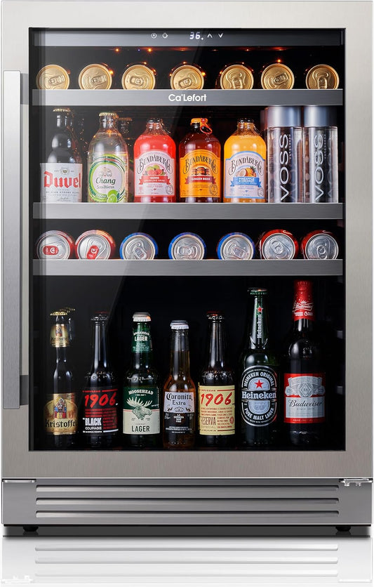 Ca'Lefort 24 Inch Beverage Refrigerator, 180 Can 34°F -54°F Beverage Fridges, Drink Fridge with Glass Door 3 LED Beverage Coolers Built in or Freestanding, Perfect for Home/Kitchen(5.65 cu.ft)