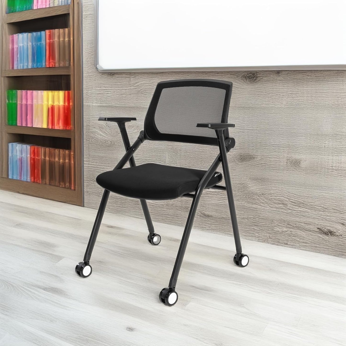 Home Office Chair Set of 4 Adjustable Armrest Ergonomic Mid-Back Breathable Mesh Foldable Conference Reception Chairs for School Waiting Room Small Space