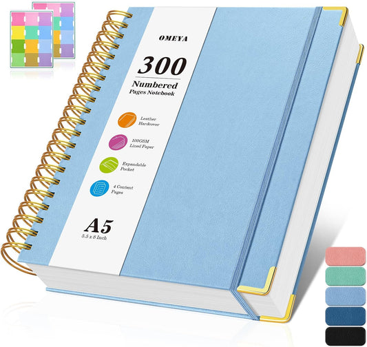 Spiral Notebook, 300 Numbered Pages Notebooks College Ruled with Contens, 100GSM Thick Journal for Women Men, Hardcover Leather Lined Journal for Writing, Large A5 Journaling Notebooks for Work School