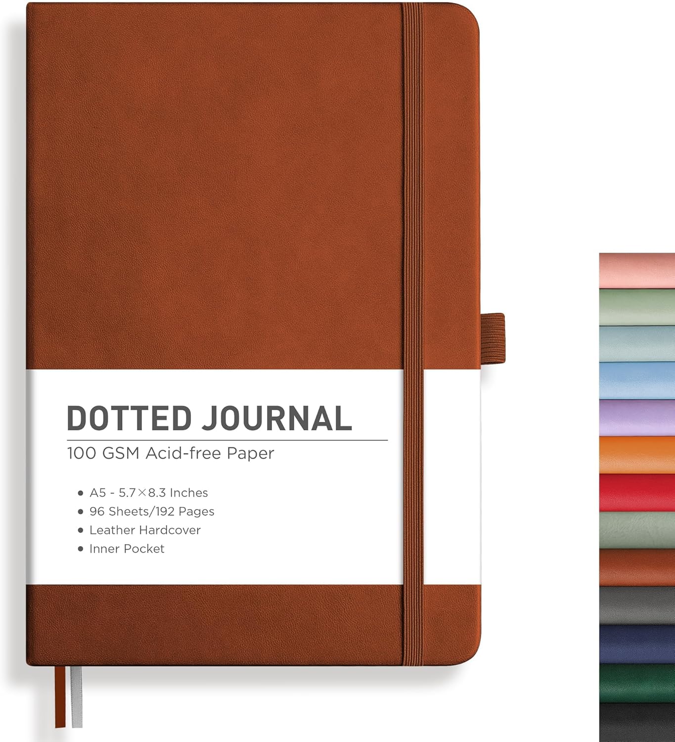 RETTACY Bullet Dotted Journal Notebook, 192 Pages, A5 Medium Size (5.7'' x 8.3''), Leather Hardcover, 100 GSM Thick Paper, for Bullet Journaling, Planning, Tracking (Brown)