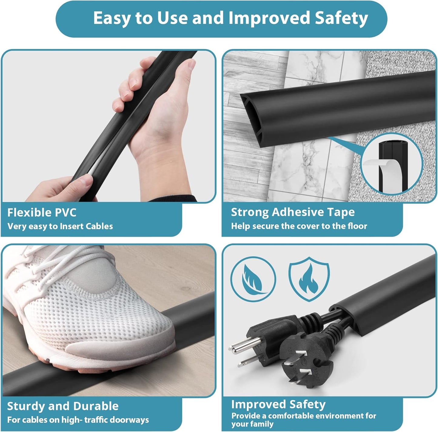 Cord Hider Floor - 3FT White Cord Cover, Soft PVC Wire Covers - Hides Cords - 0.7" W x 0.4" H