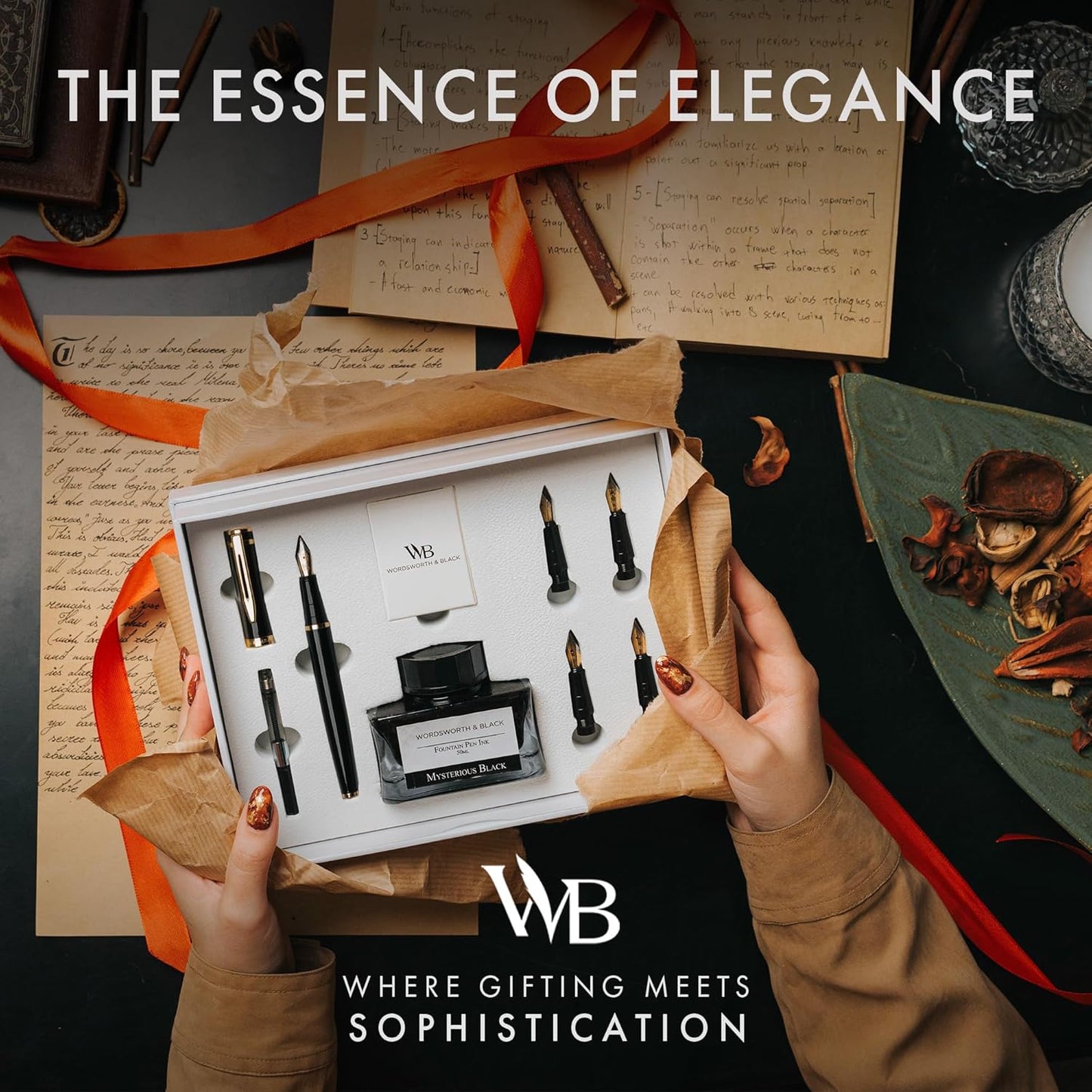 Wordsworth & Black Fountain Pen Gift Set, Includes Bottle, 6 Cartridges, Refill Converter, 4 Replacement Nibs, Premium Package, Journaling, Calligraphy, Smooth Writing Pens [Black Gold]