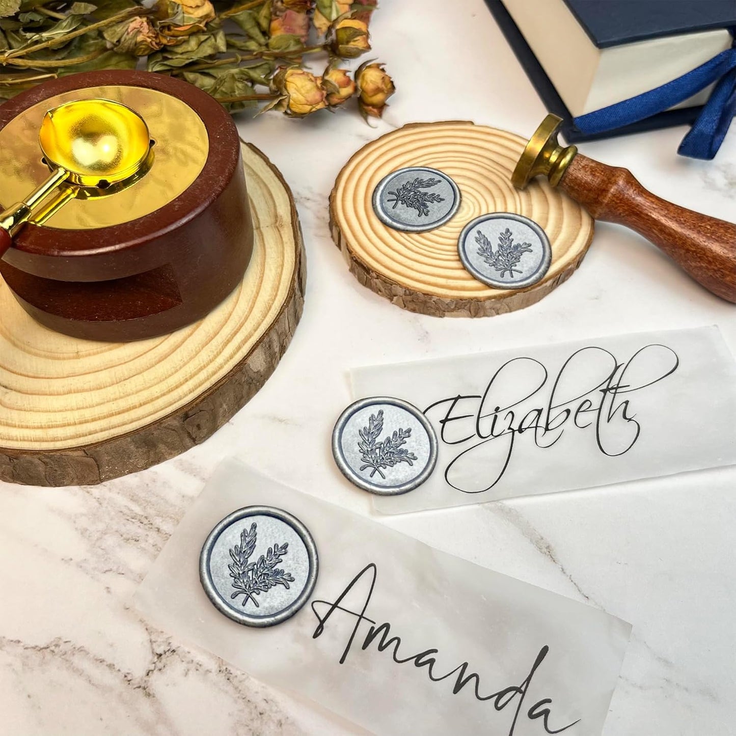 100Pcs Wax Seal Stickers Handmade Envelope Seals Self Adhesive Wax Stickers for Wedding Party Invitations, Envelope, Gift Wrap, Christmas(Rosemary Style, Gray Blue)