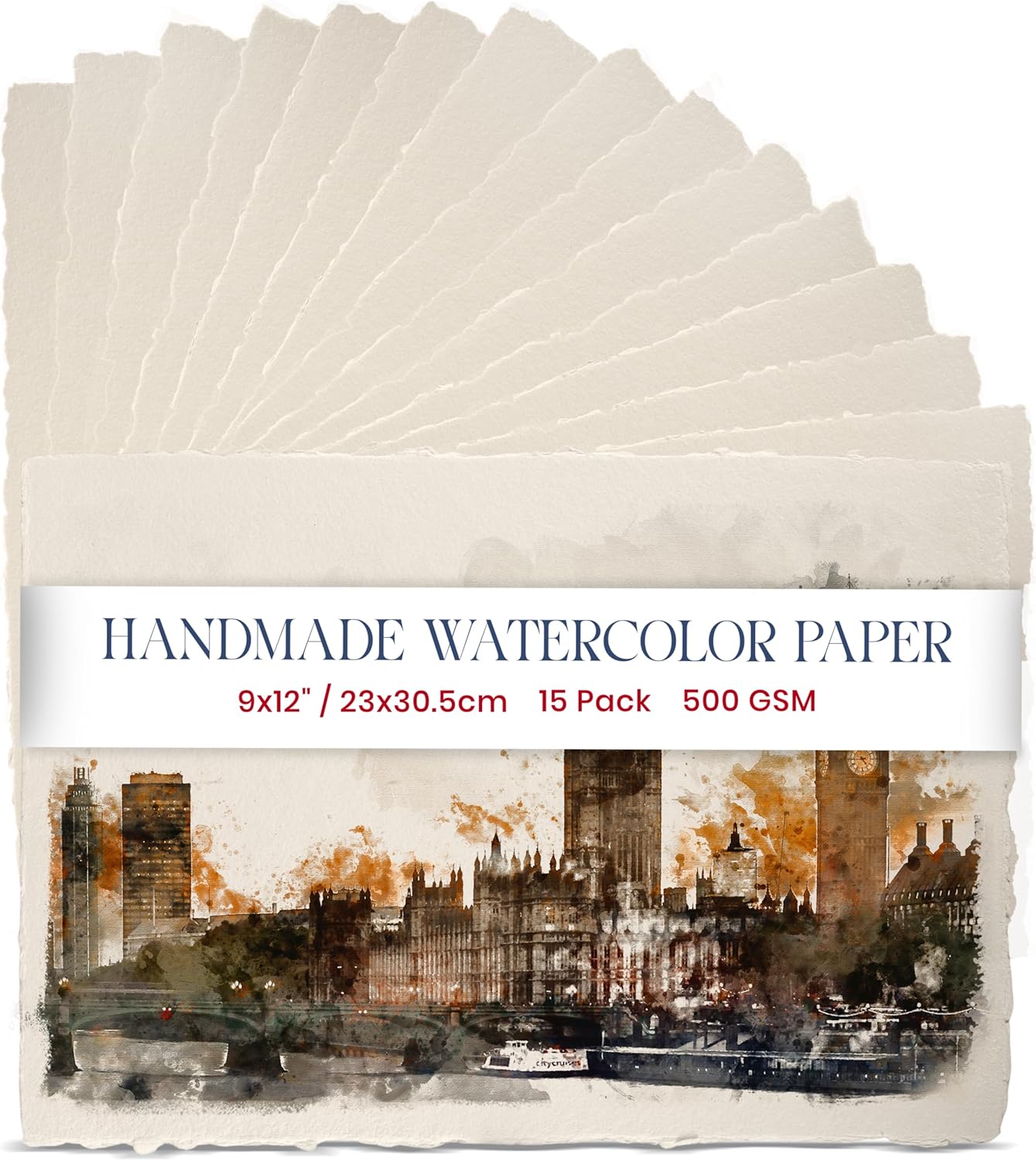 Wanderings Thick Handmade Watercolor Paper with Deckled Edge - 9x12-500GSM Premium Ivory Cold-Pressed Textured Mixed Media Paper Made with Recycled Cotton - 15 Loose Leaf Sheets